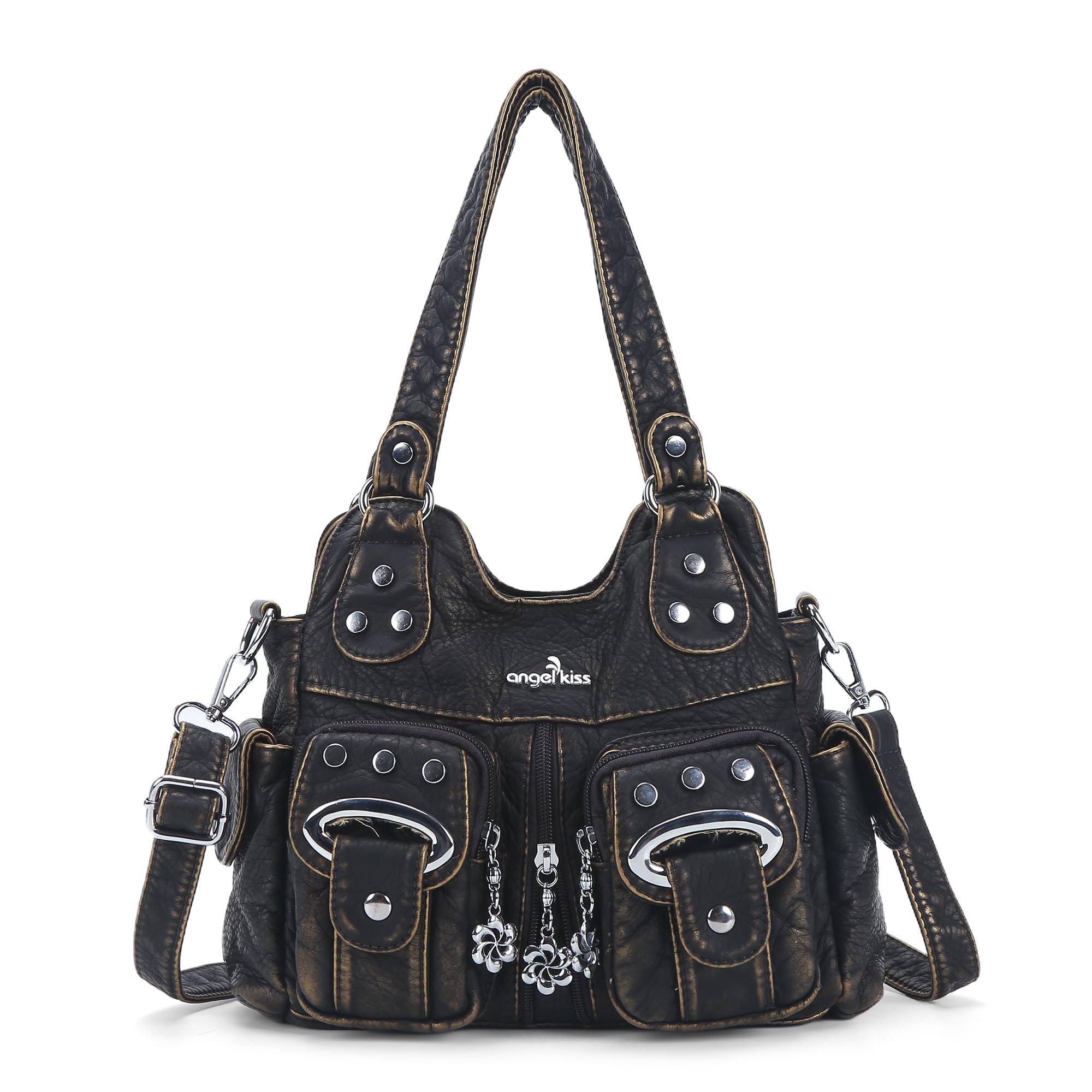 Angel Kiss Piccola borsa a tracolla da donna, in ecopelle lavata con molteplici tasche, borsa a mano con tracolla regolabile