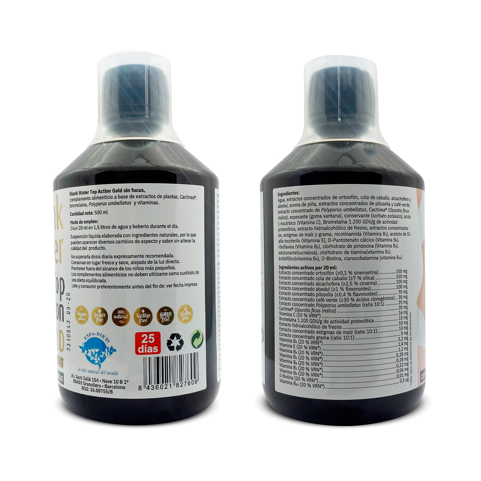 Espadiet Slank water Top Action Gold Sin Fucus - Minerales, Vitaminas, Polyporus Umbellatus y Cactinea – Drenante y Activador Linfático – Eliminación de Líquido y Toxinas – Botella con 500ml