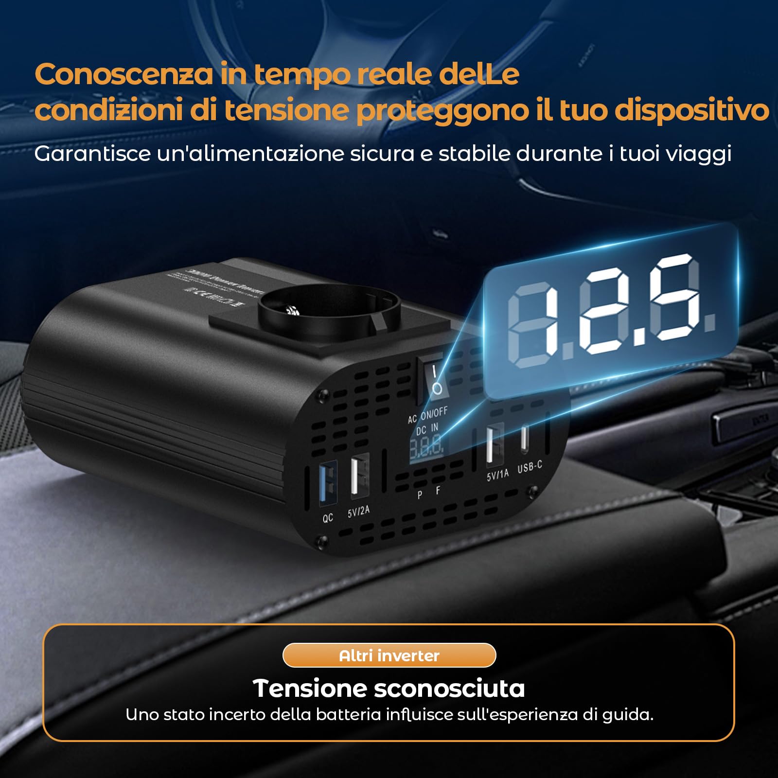 300W inverter 12v 220v, inverter auto con 1 presa, tipo C 30W, ricarica rapida USB 25W, 3 porte USB, display LED
