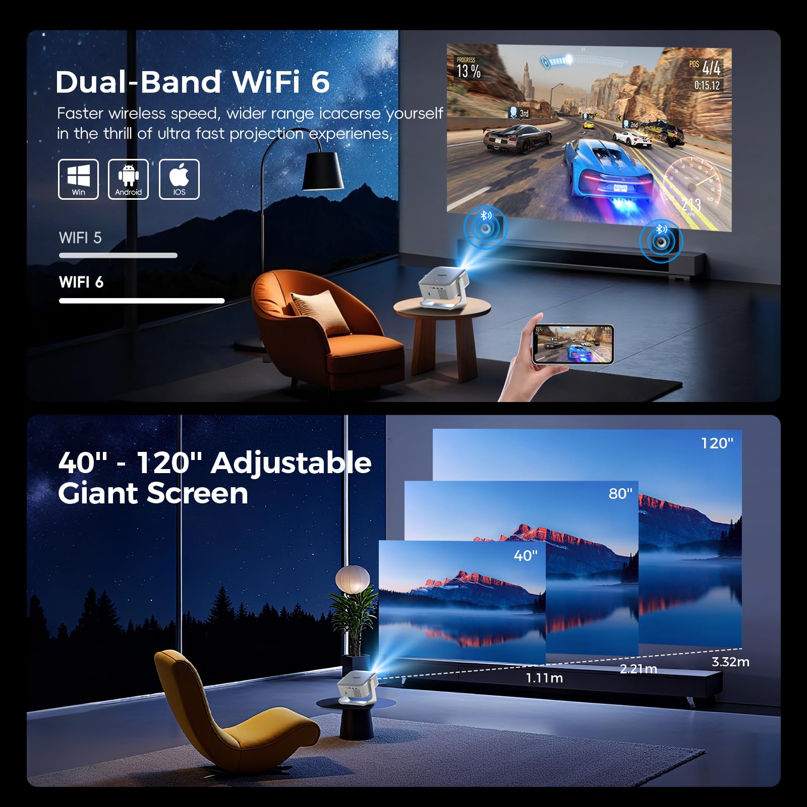 [Smart TV OS & HDR10+ & 3D Sound] 4K Vidéoprojecteur avec WiFi 6 et Bluetooth 5.4, Built-in Smart OS & Apps & Dual Speakers, 1080P Native Auto Focus & Keystone, Home Movie Projecteur - Blanc