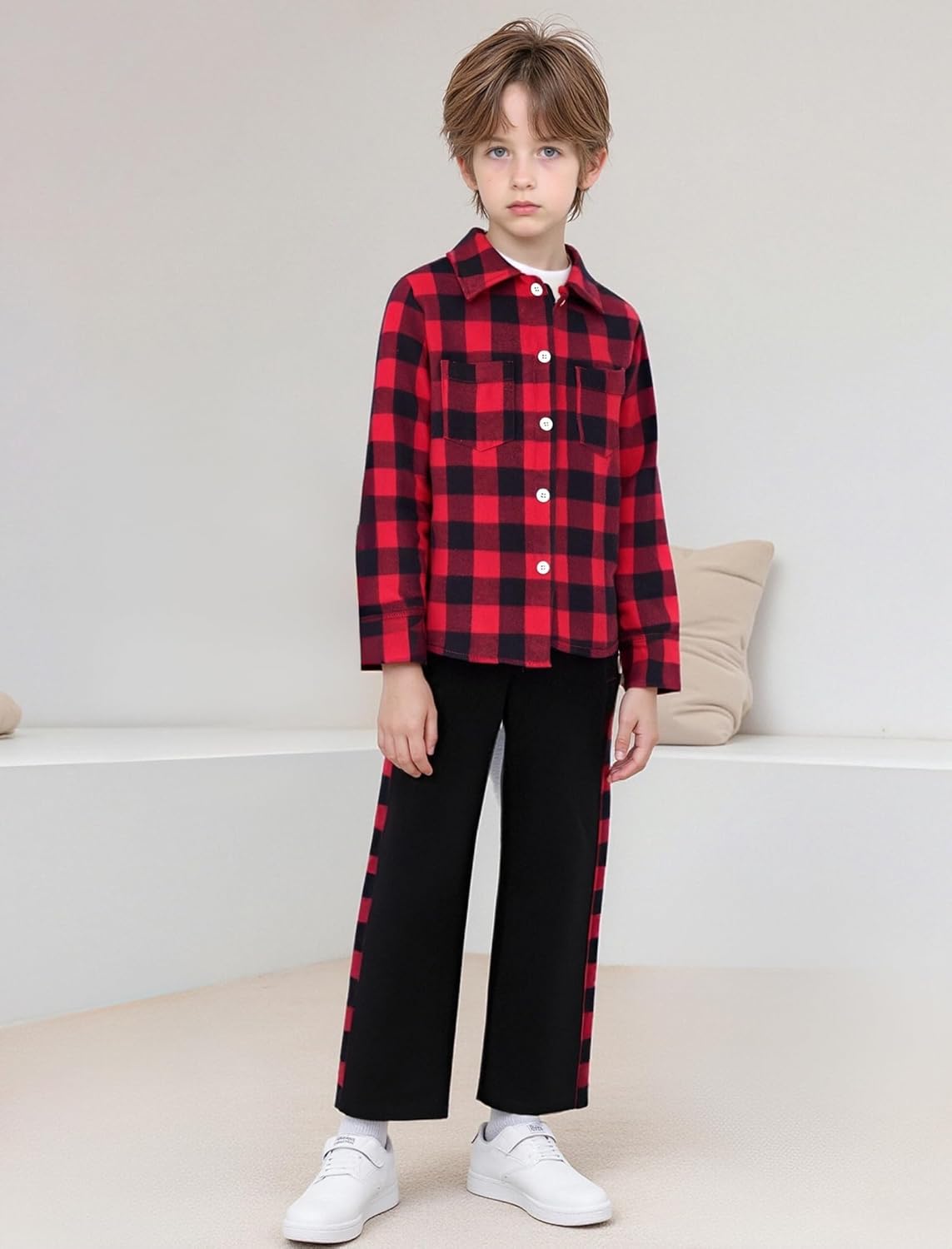 Boys Clothes 3Pcs Long Sleeve Flannel Plaid Shirt Tops Pants Sets Fall Winter Boys' Clothing Sets, Red, 11-12 Years - Image 3