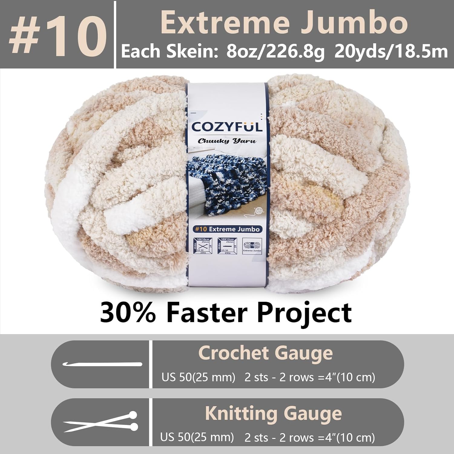 Cozyful Chunky Yarn for Hand Knitting - #10 Chunky Chenille Blanket Yarn, Jumbo Big Thick Chunky Yarns for Crocheting, Tie Dye Bulky Knit Yarns, 8 Skein (20 yds 8 oz Each Skein), White & Khaki & Beige thumbnail