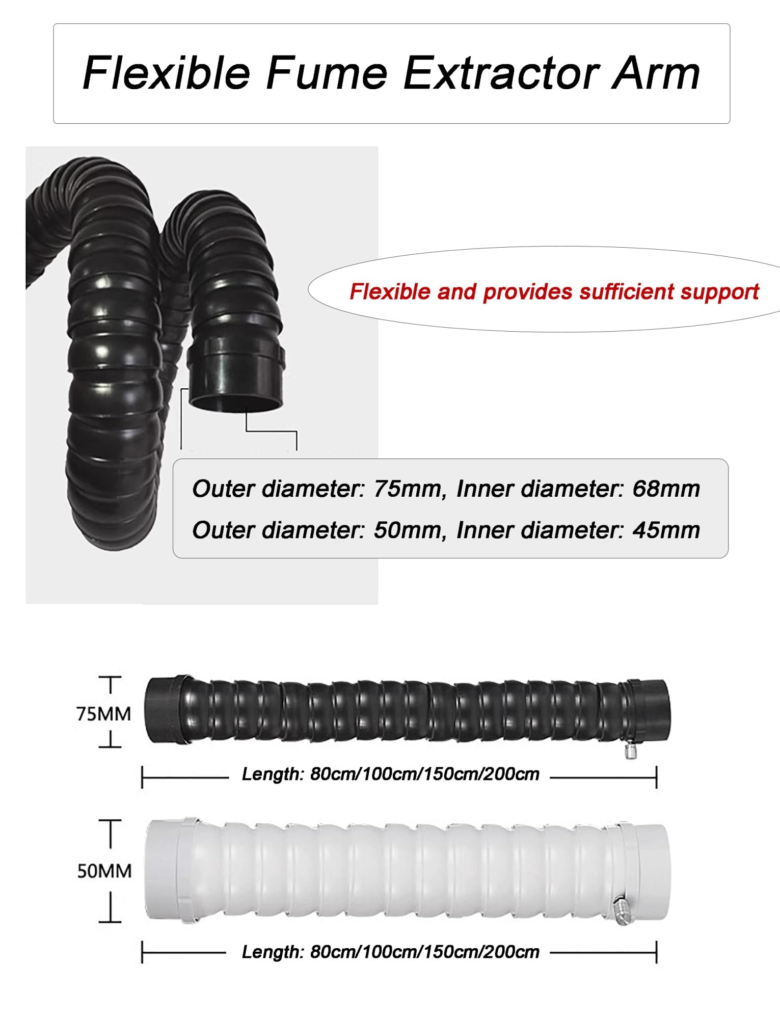Flexibler Rauchabsaugarm, Industrieller Gelenkrauchschlauch zur Schweißrauchabsaugung, Löten, Werkstattbelüftung(Dia7.5cm,L200cm)