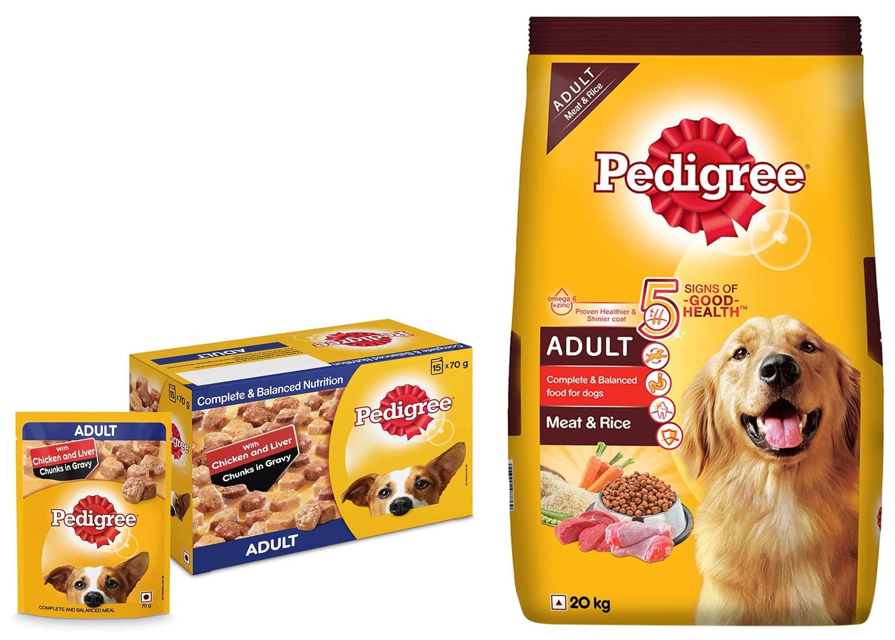Pedigree Adult Wet Dog Food, Chicken & Liver Chunks in Gravy, 70 g (Pack of 15) & Adult Dry Dog Food, Meat & Rice, 20kg