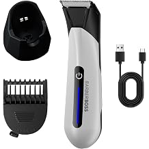 BarberBoss Men s Body Hair Trimmer, Waterproof Groin & Ball Groomer, Skin-Safe Ceramic Blade, Adjustable Length Comb, USB Charging Stand & LED Light, Male Hygiene Shaver White