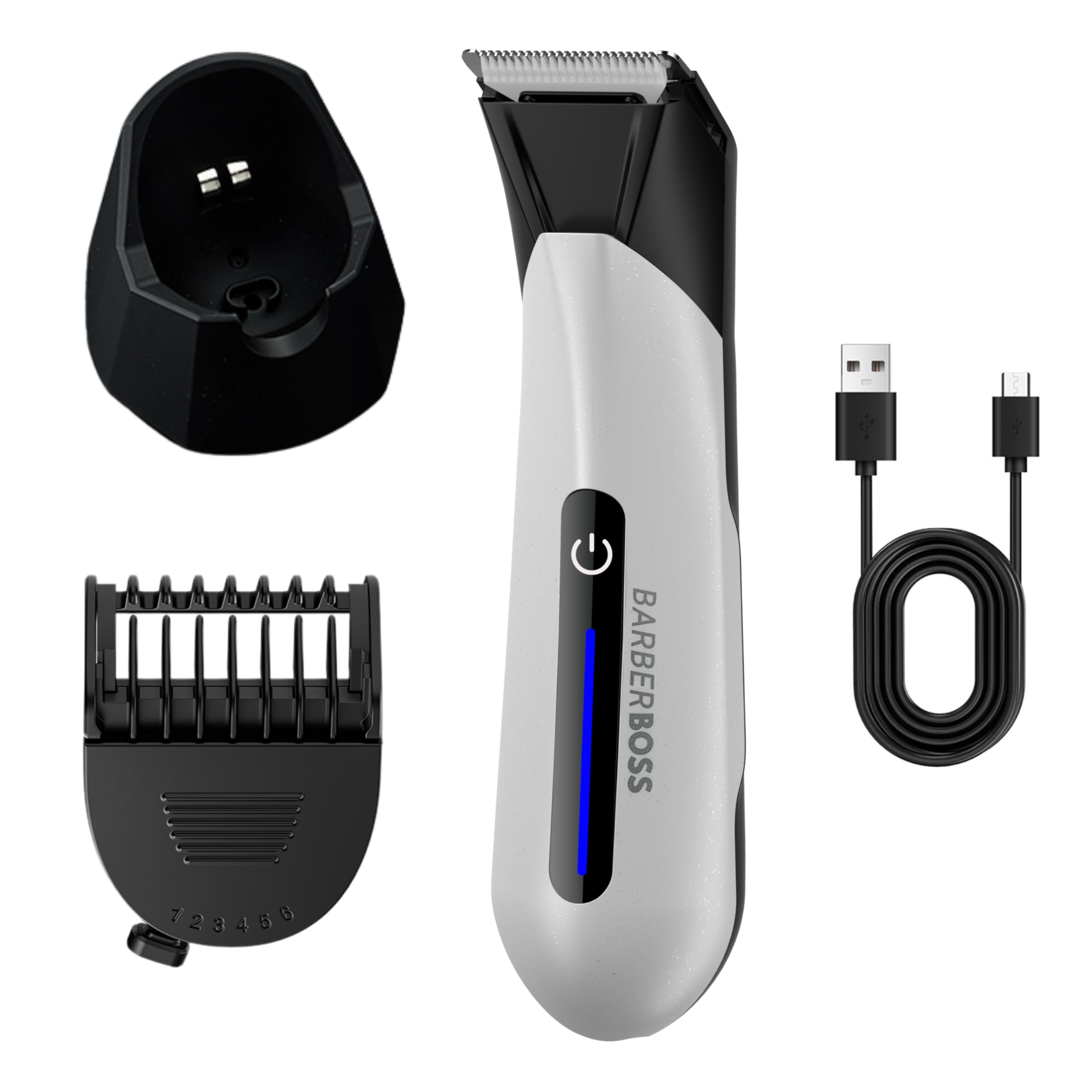 BarberBoss Men’s Body Hair Trimmer, Waterproof Groin & Ball Groomer, Skin-Safe Ceramic Blade, Adjustable Length Comb, USB Charging Stand & LED Light, Male Hygiene Shaver (White)