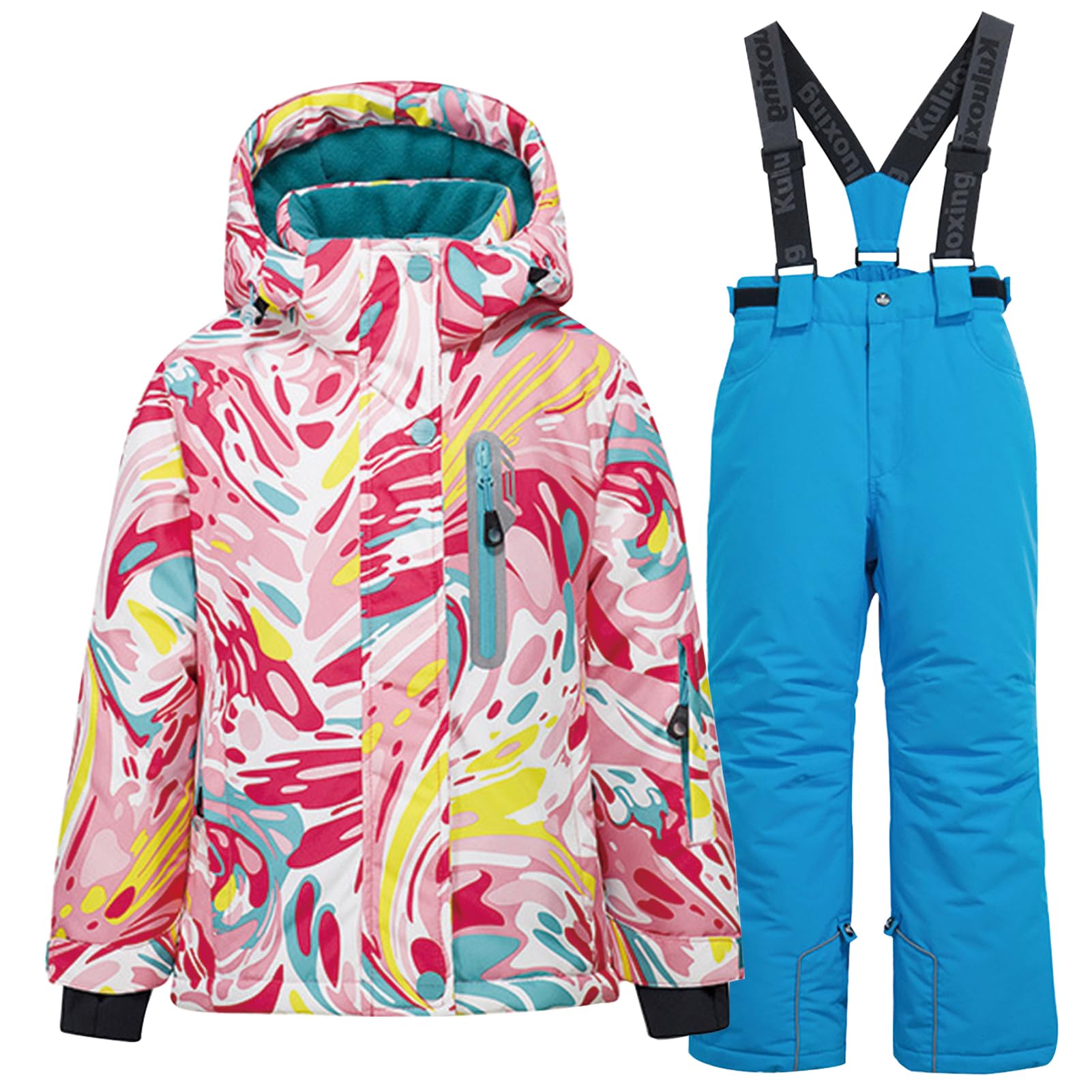Conjunto de traje de esquí infantil de 2 piezas con capucha, traje de nieve impermeable a prueba de viento para niños y niñas, chaqueta de esquí cálida y pantalones de esquí, rosa brillante