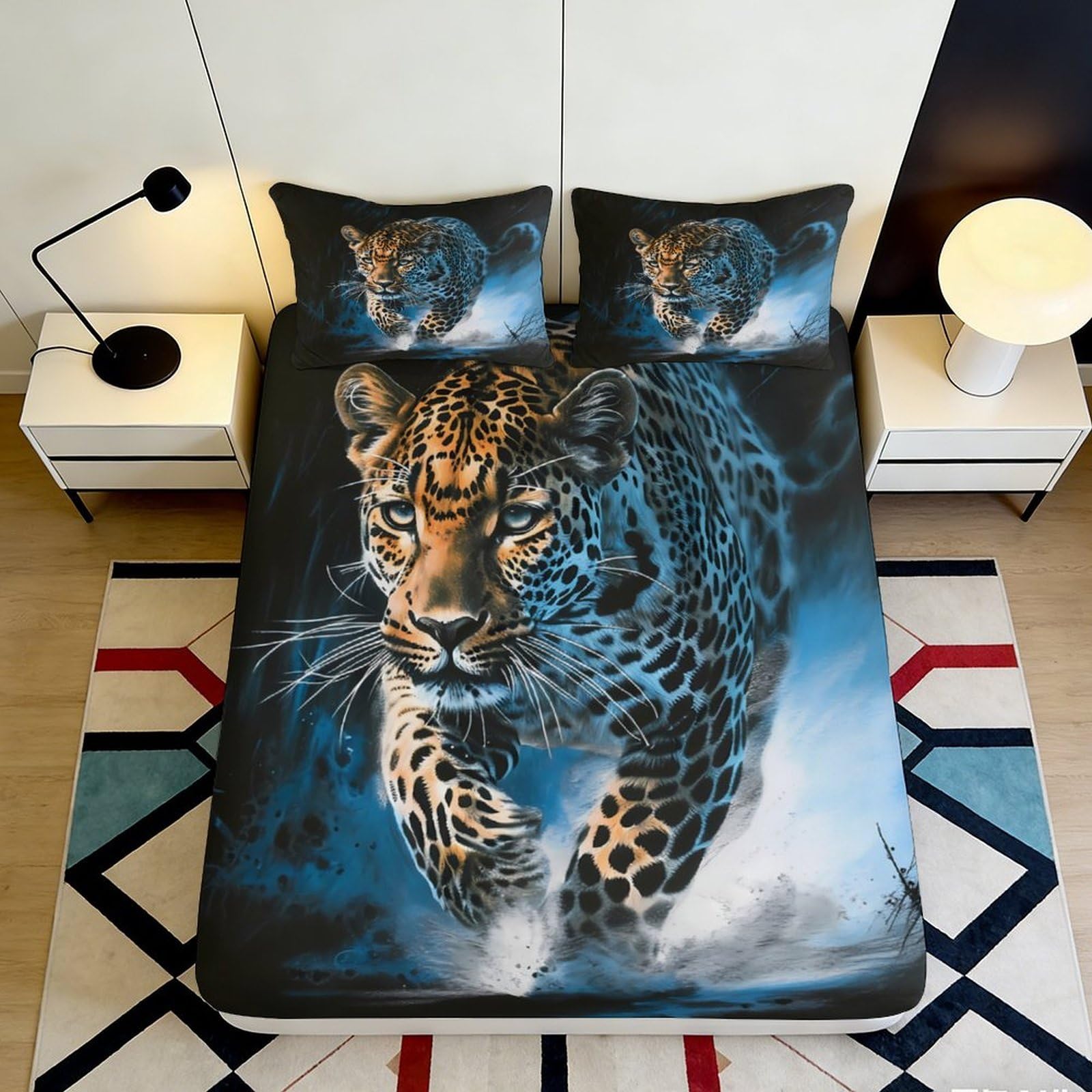 3D Printed Wild Leopard Fitted Sheet Microfiber Soft Breathable Jungle Panther Bed Cover for Bedroom Dorm Decor 90x200x25cm