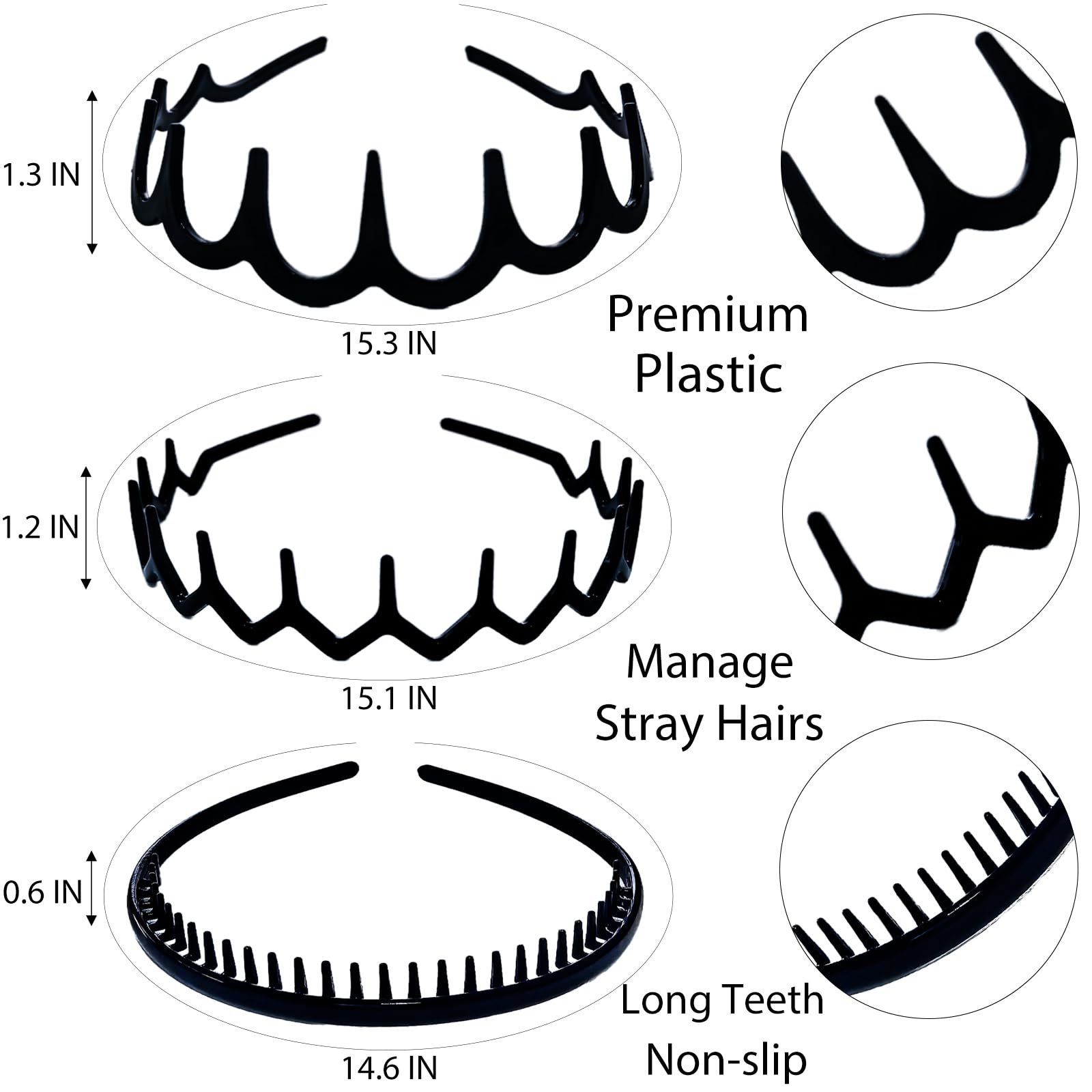 6 fasce per capelli con denti antiscivolo, pettine, alla moda, in plastica, accessori per capelli, per donne, uomini, adolescenti, ragazze, nero brillante