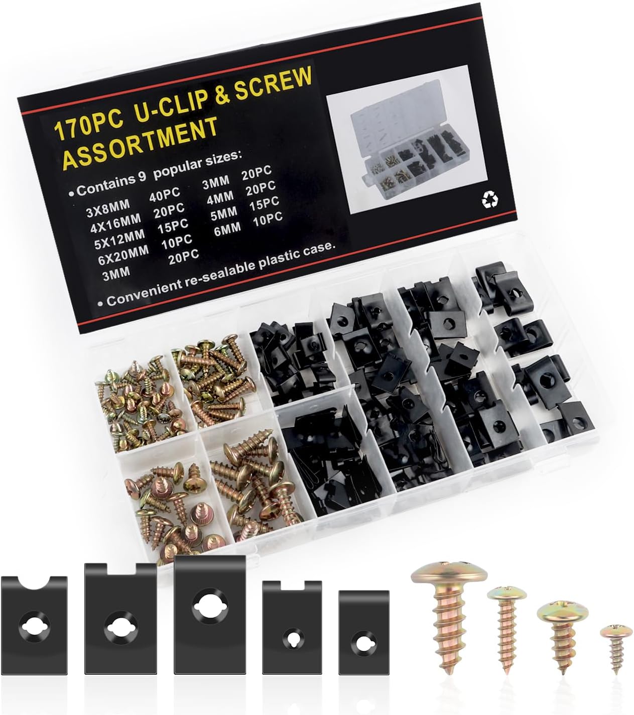 Carleef 170PCS Car Clips and Screws Assortment Kit, Fastener Box Set with U Clips & Self Tapping Screws, Universal Auto Parts Retainer for Dash Door Splash Shield Bumper Guard
