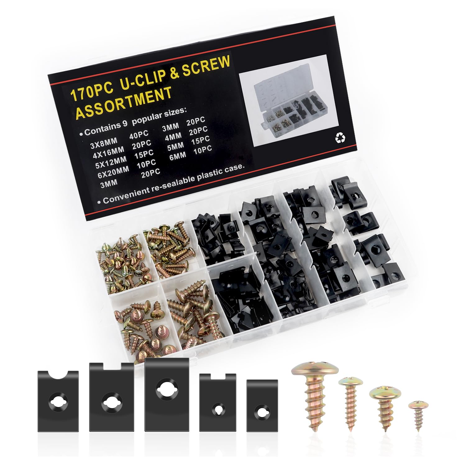 170PCS Car Clips and Screws Assortment Kit, Fastener Box Set with U Clips & Self Tapping Screws, Universal Auto Parts Retainer for Dash Door Splash Shield Bumper Guard