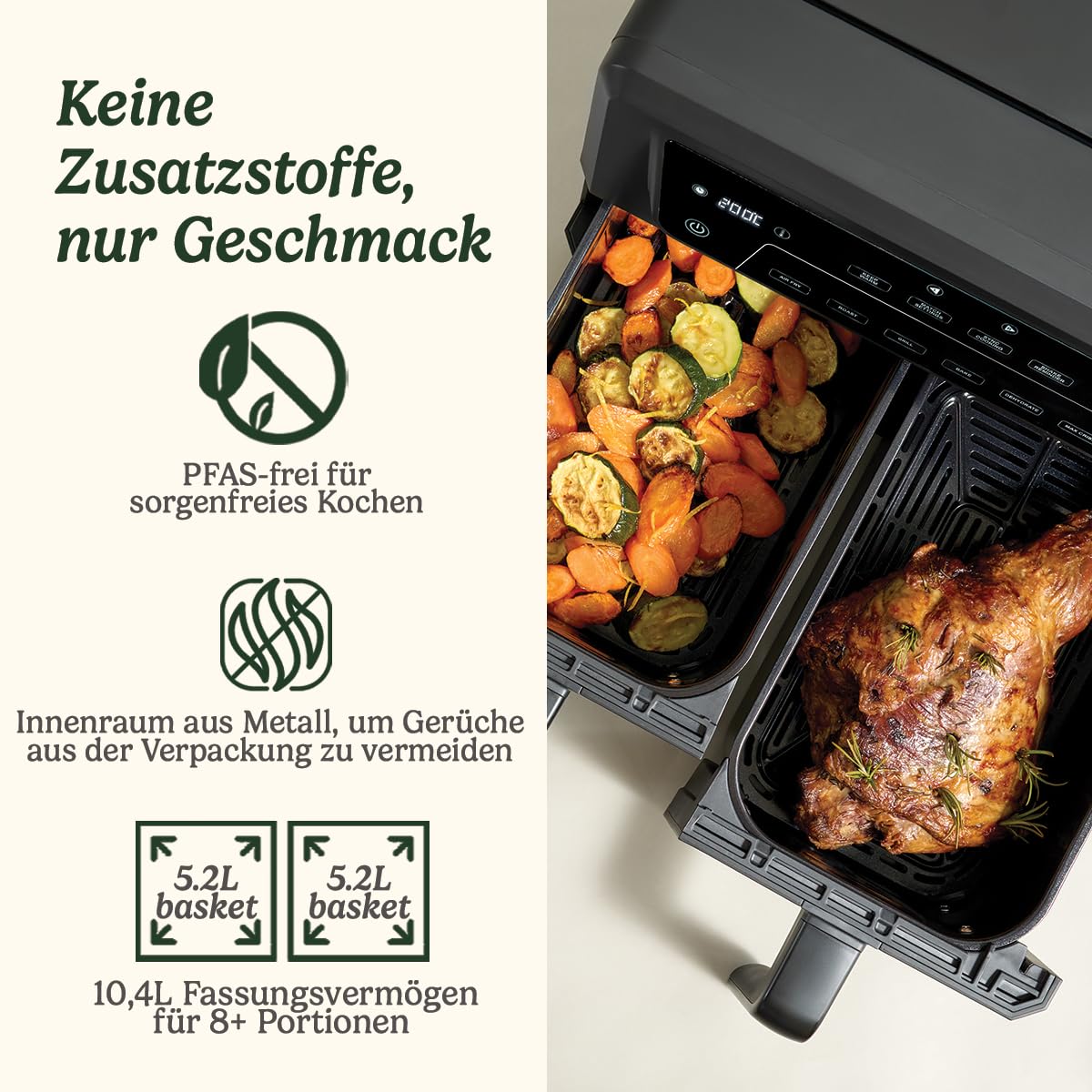 Cuisinart XXL 10.4L Zweizonen-Heißluftfritteuse| PFAS Frei Airfryer| Braten, Grillen, Backen, Dehydrieren und Warmhalten | 2 kammern| 2 x 5.2L - 8+ portionen| Spülmaschinenfeste Teile