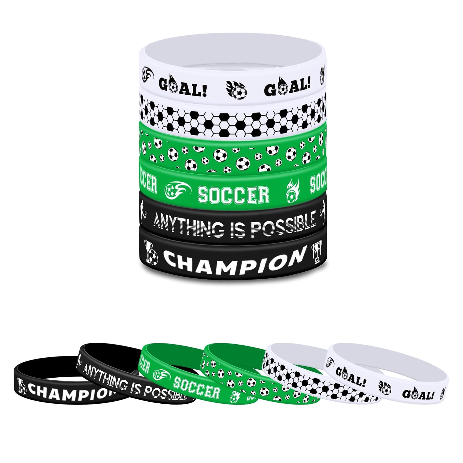 12 Pcs Soccer Bracelets, Motivational Silicone Wristbands, Sports Birthday Party Favors, Boys Team Gifts, Goodie Bags Fillers, Green White Black Rubber Band