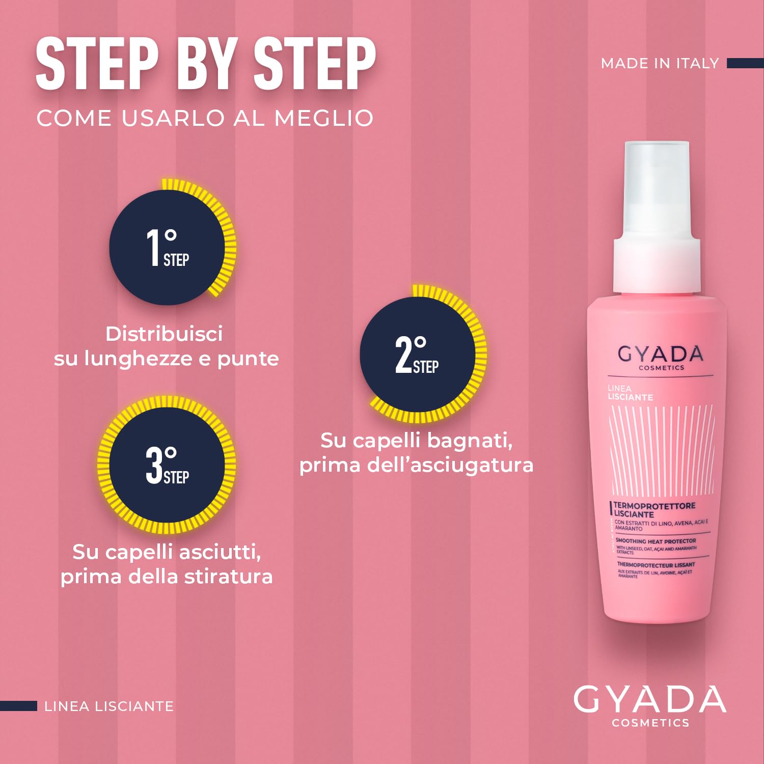 GYADA COSMETICS, Wygładzająca ochrona cieplna do 230° przed wysoką temperaturą, prostownicą i lokówką, z ekstraktem z lnu, owsa, acai i amarantu, 125 ml