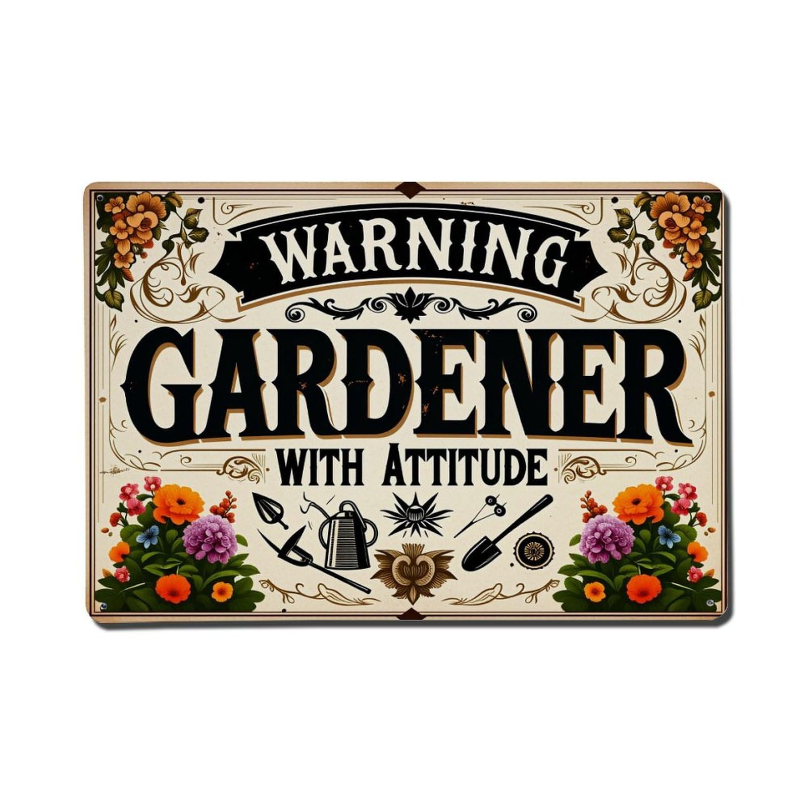 Warning Gardener With Attitude Floral Tools Tin Sign Vintage Metal Poster, Home Bar Garage Man Cave Cafe Indoor & Outdoor Wall Decoration 8x12Inches
