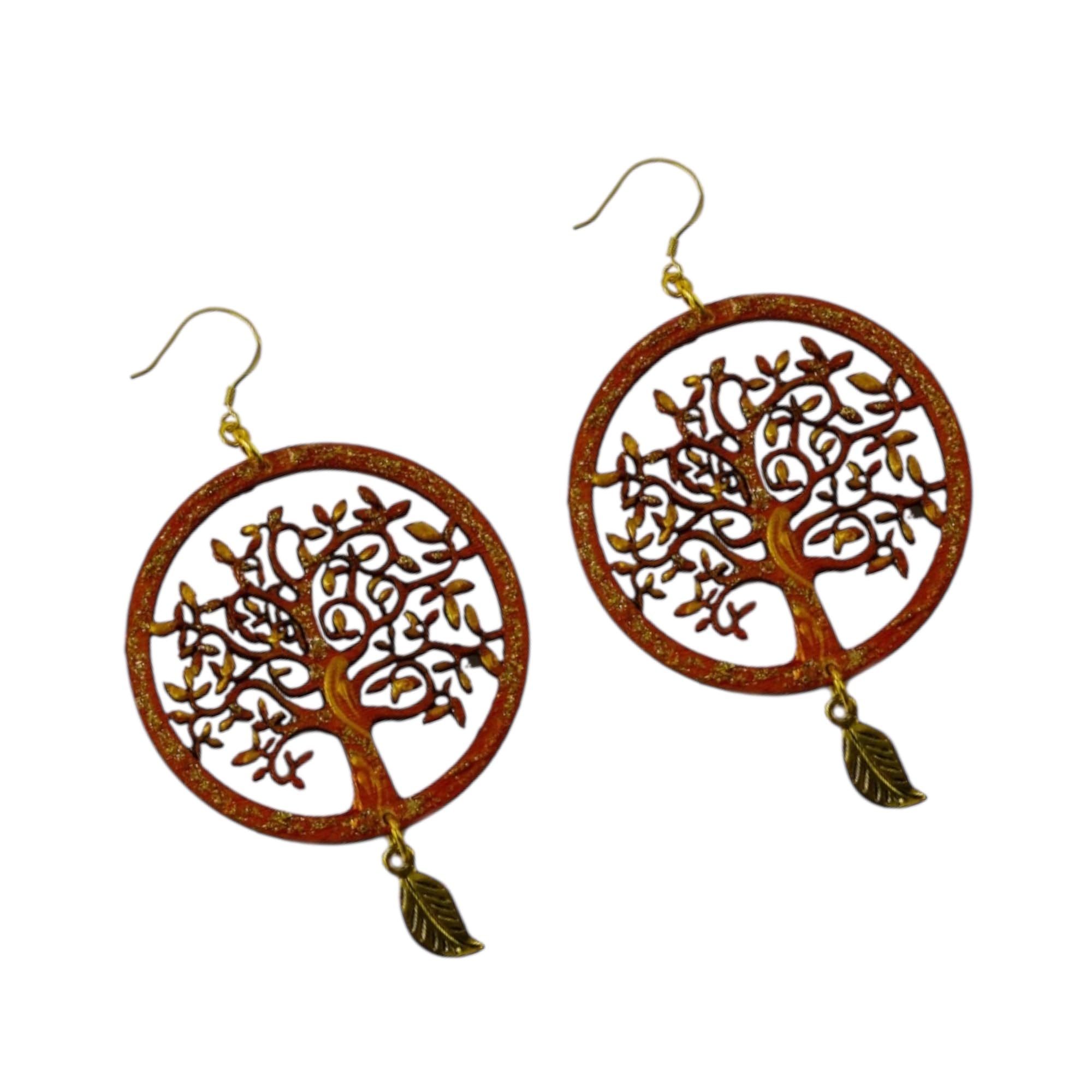 Boucles d'oreilles peintes à la main - L'ARBRE DE VIE DE KLIMT - Boucles d'oreilles pendantes pour femme, Bijoux en bois peint, Crochet en argent, Fabriqué en Italie, Bijoux décorés, Artisanat
