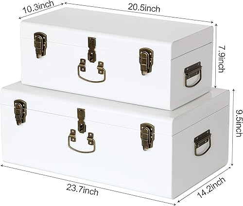Miniatura 2 de Vixdonos Juego de 2 cajas de almacenamiento decorativas de metal para dormitorio universitario con asa (blanco con cierres de bronce)