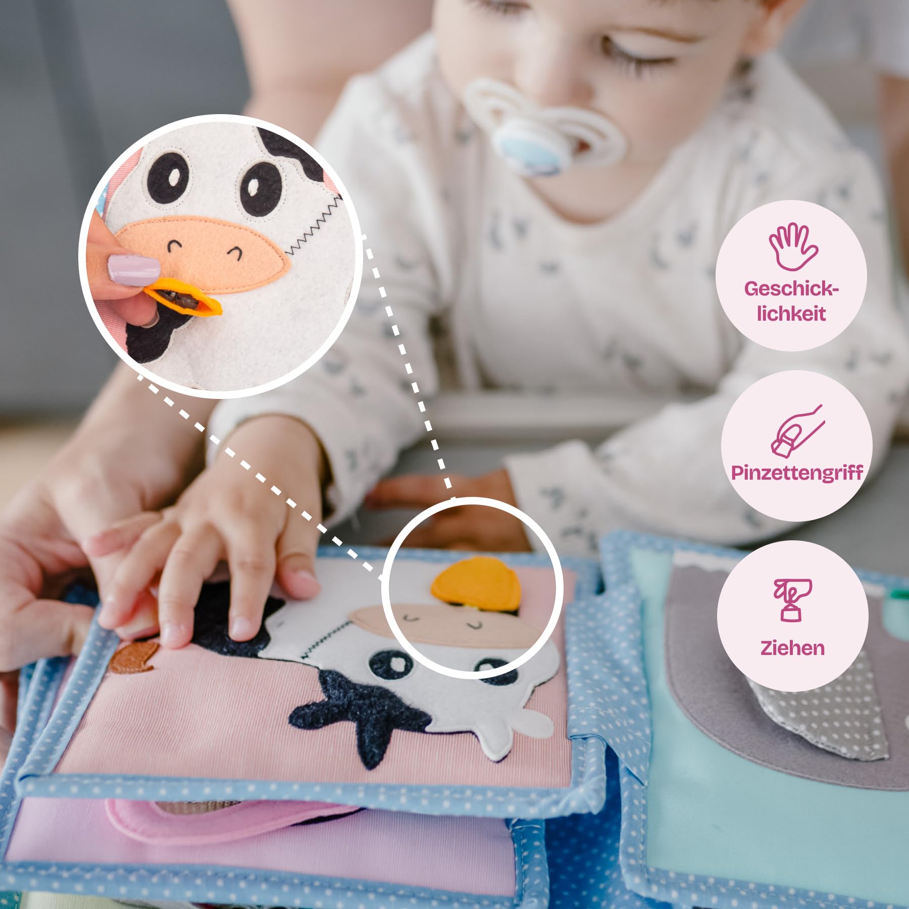Jolly Designs – Piccola ape – Mini Quiet Book – Montessori Giocattoli a partire dai 6 mesi – Promuovere le capacità motorie e sensoriali – Libro in feltro fatto a mano – Giocattolo educativo per