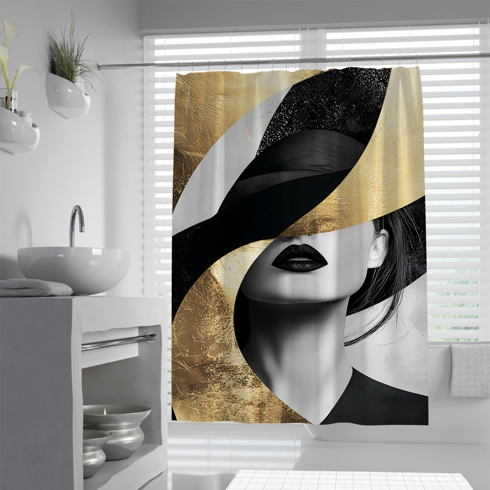 Géométrie Abstraite Rideau de Douche Mode Moderne Portrait d’Une Femme Motif Salle de Bain Décor Rideaux Set avec Crochets Tissu imperméable 200 x 240 cm