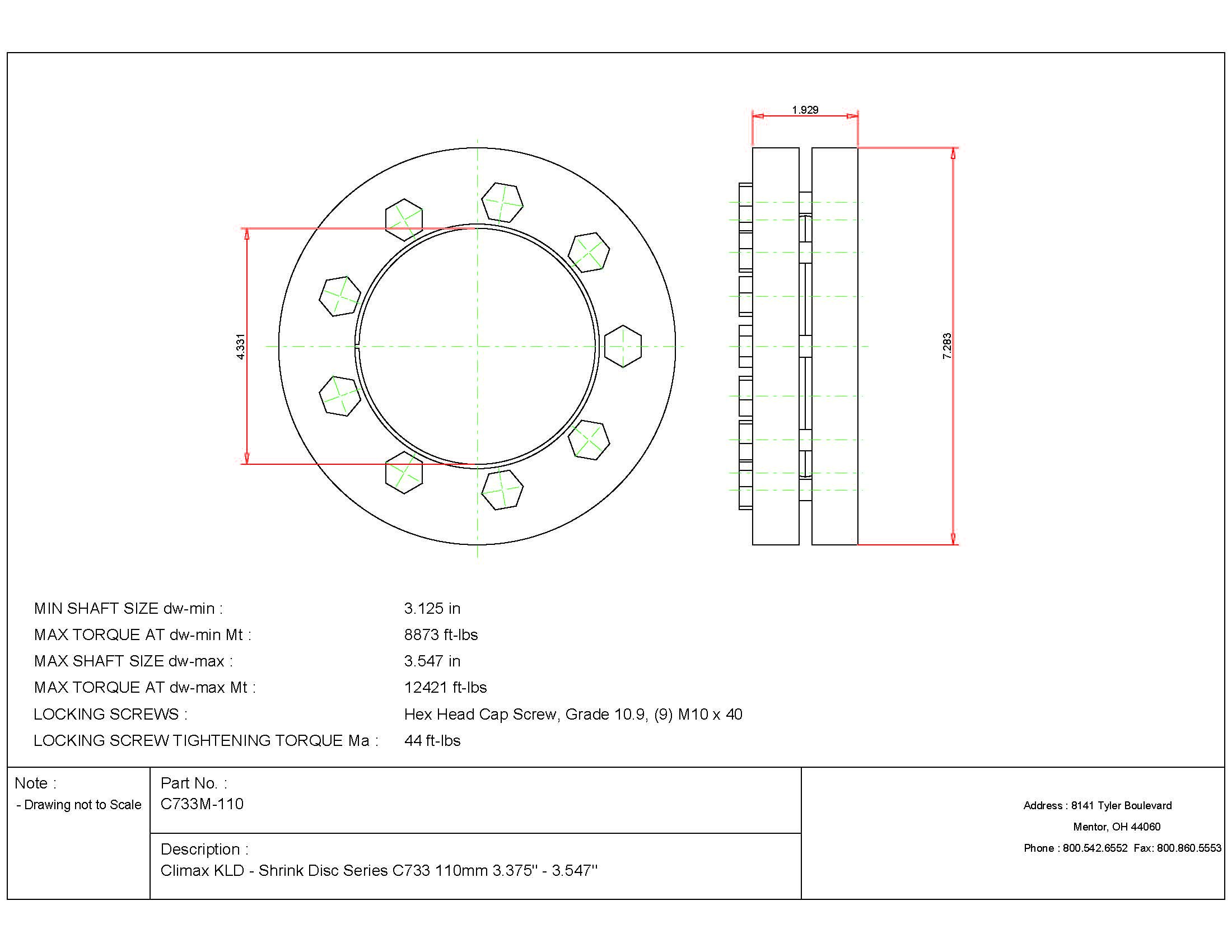 Climax Metals C733M-110 Shrink Disc, Standard Duty, Steel with Zinc Plated Outer Rings, 110 mm Diameter Bore, 4.33