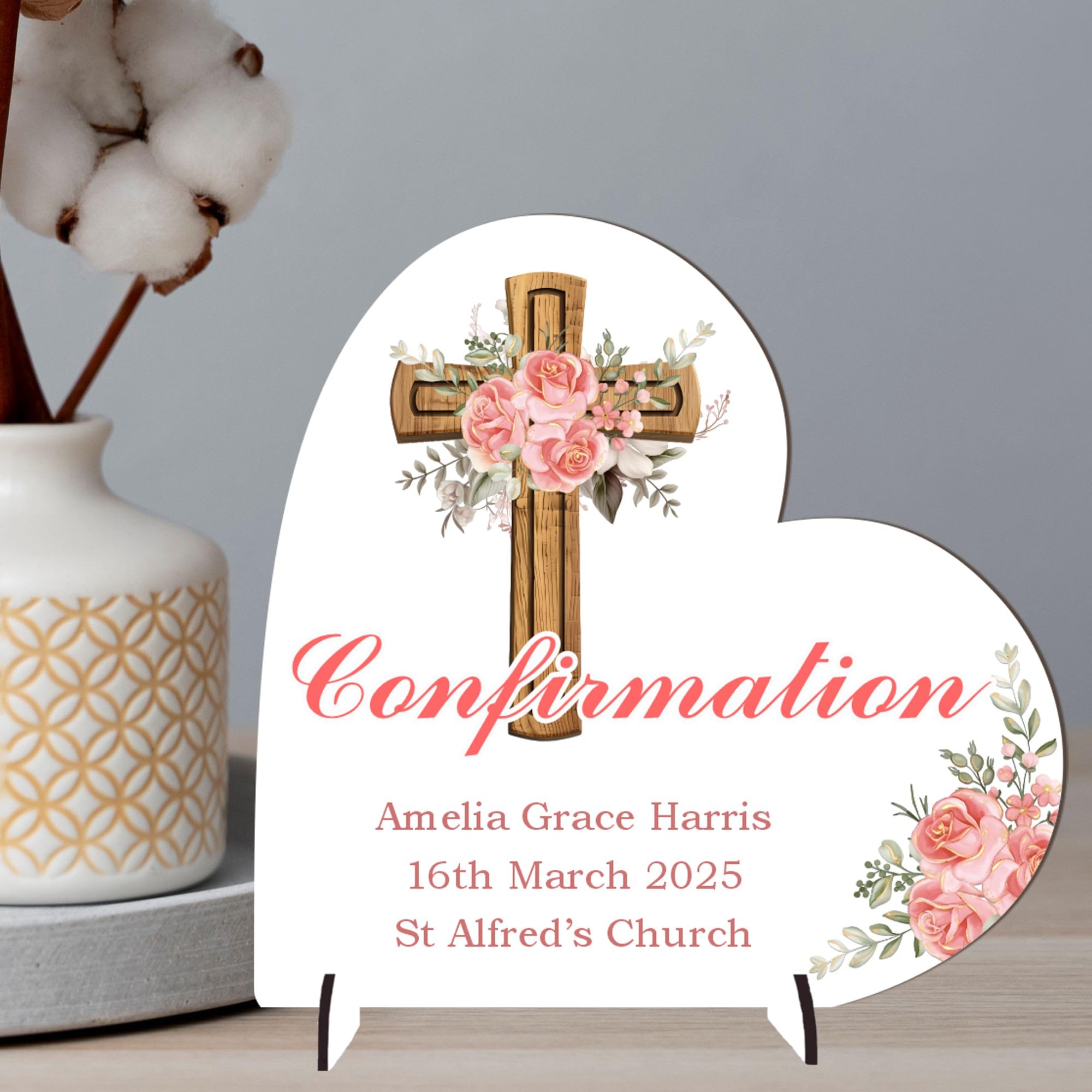 Elegant Baptism Keepsake - Personalised Christening, Communion or Confirmation Heart Plaque - Custom Religious Gift with Floral Cross (Confirmation, MDF Wood - Medium - 13.5cm x 13cm)