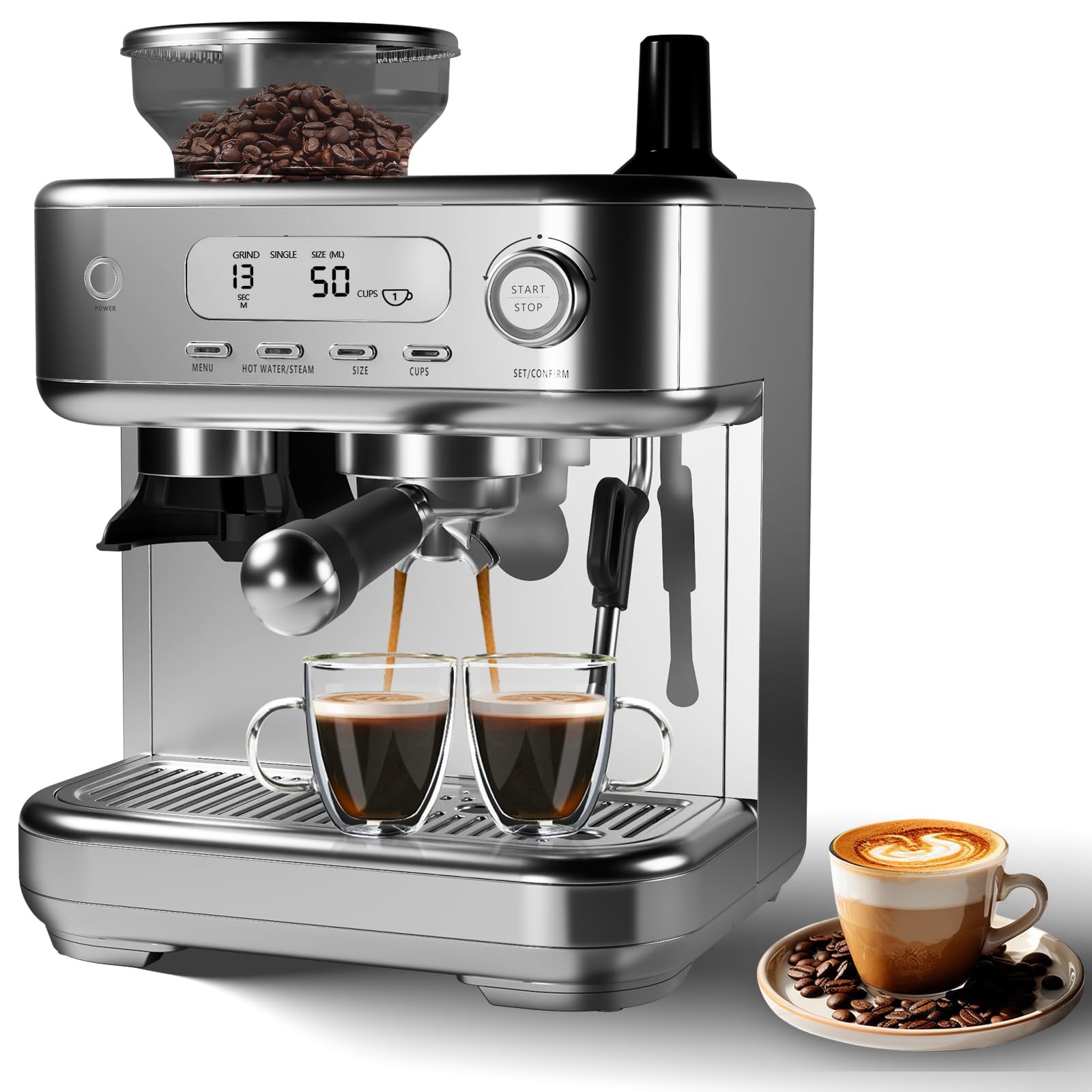 Espresso Machine with Built-in Conical Burr Grinder High-Power Milk Frother Digital LCD Control 15-Bar Pump Single Double Shot