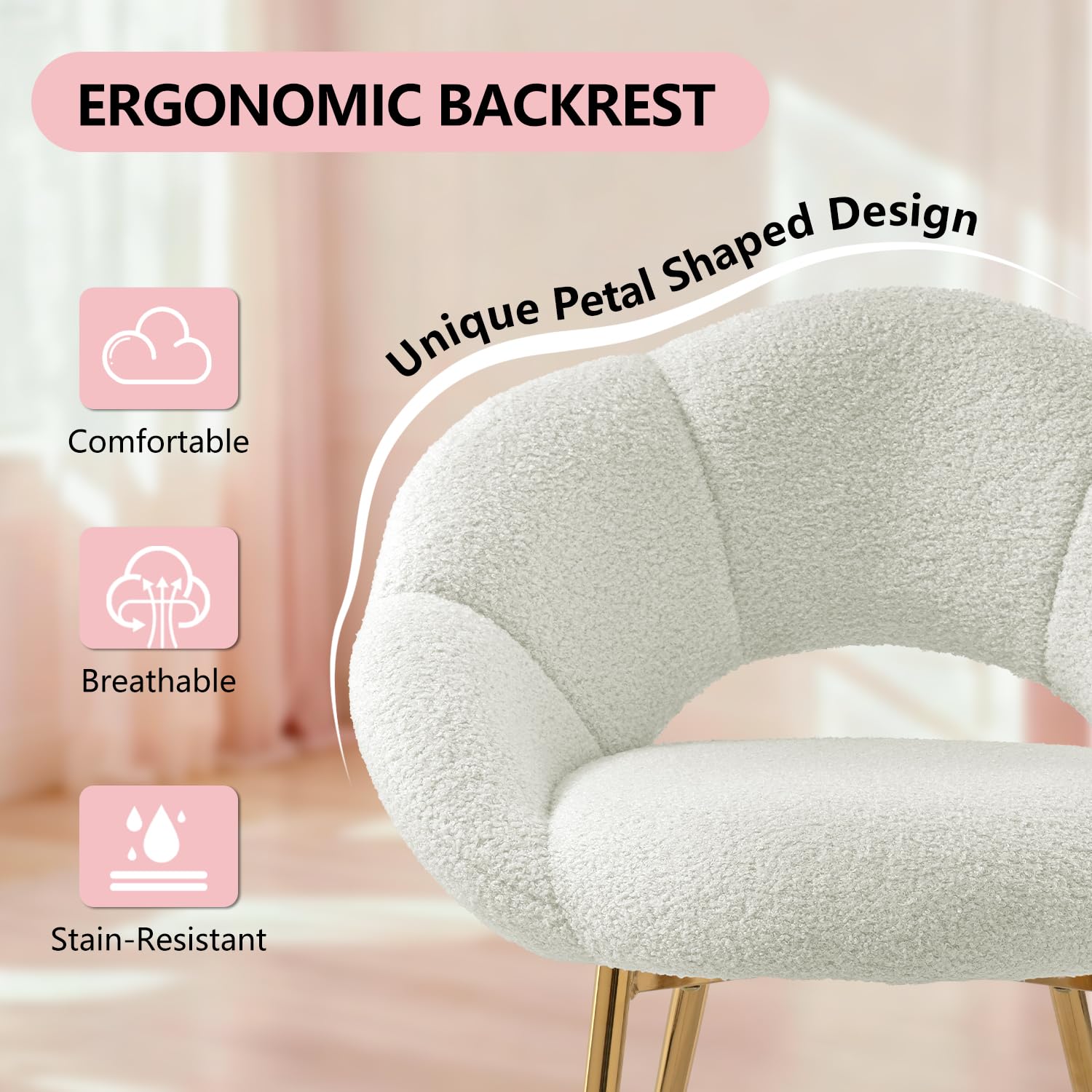 Sedia da Scrivania Imbottita e Comoda - Poltrona da Ufficio con Schienale Floreale - Sedia Moderna per Trucco in Tessuto Teddy - Oro e Bianco