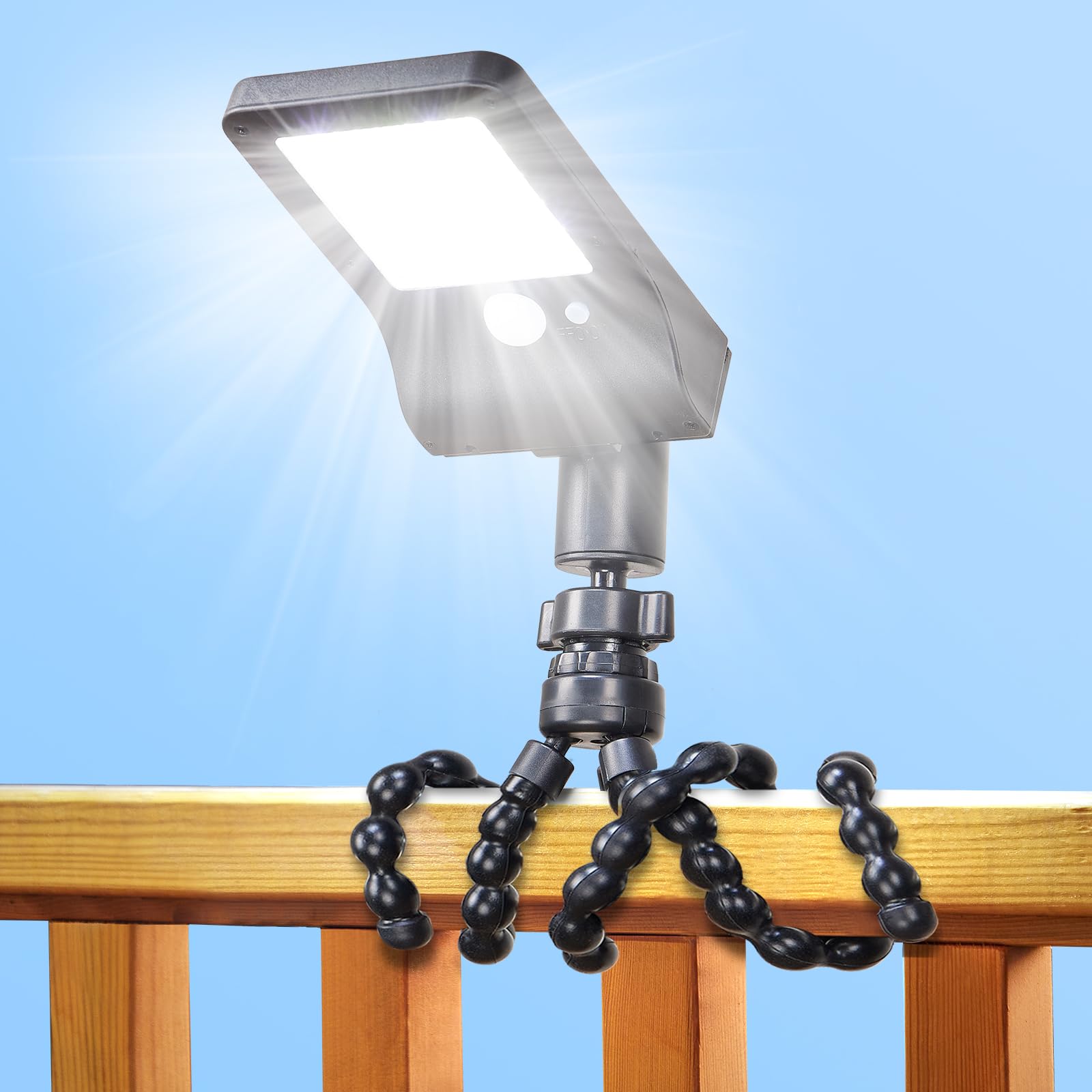 Solar Fence Lights Outdoor, 60 LEDs Motion Sensor Security Light with Flexible Octopus Tripod, 3 Lighting Modes, Adjustable Angle for Fence Deck Camping Patio (1)