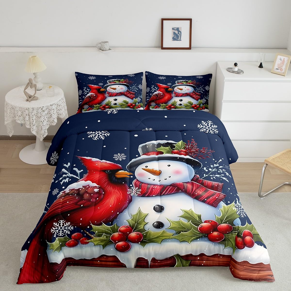 Feelyou Merry Christmas Bedding Set King Size Xmas Cute Snowmen Comforter Set for Kids Boys Girls Adult Parrot Bird Duvet Set Navy Blue Quilt Set 3Pcs