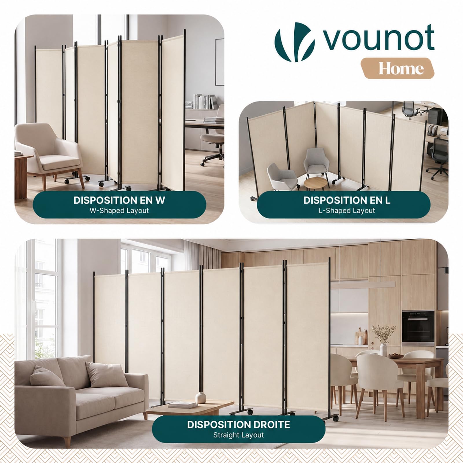 VOUNOT® Biombo Separador Plegable 6 Paneles Separador de Ambientes con Ruedas 340x30x171 cm Pantalla Privacidad Tela Poliéster Marco Metal Divisor de Habitación para Oficina Dormitorio Interior Beige