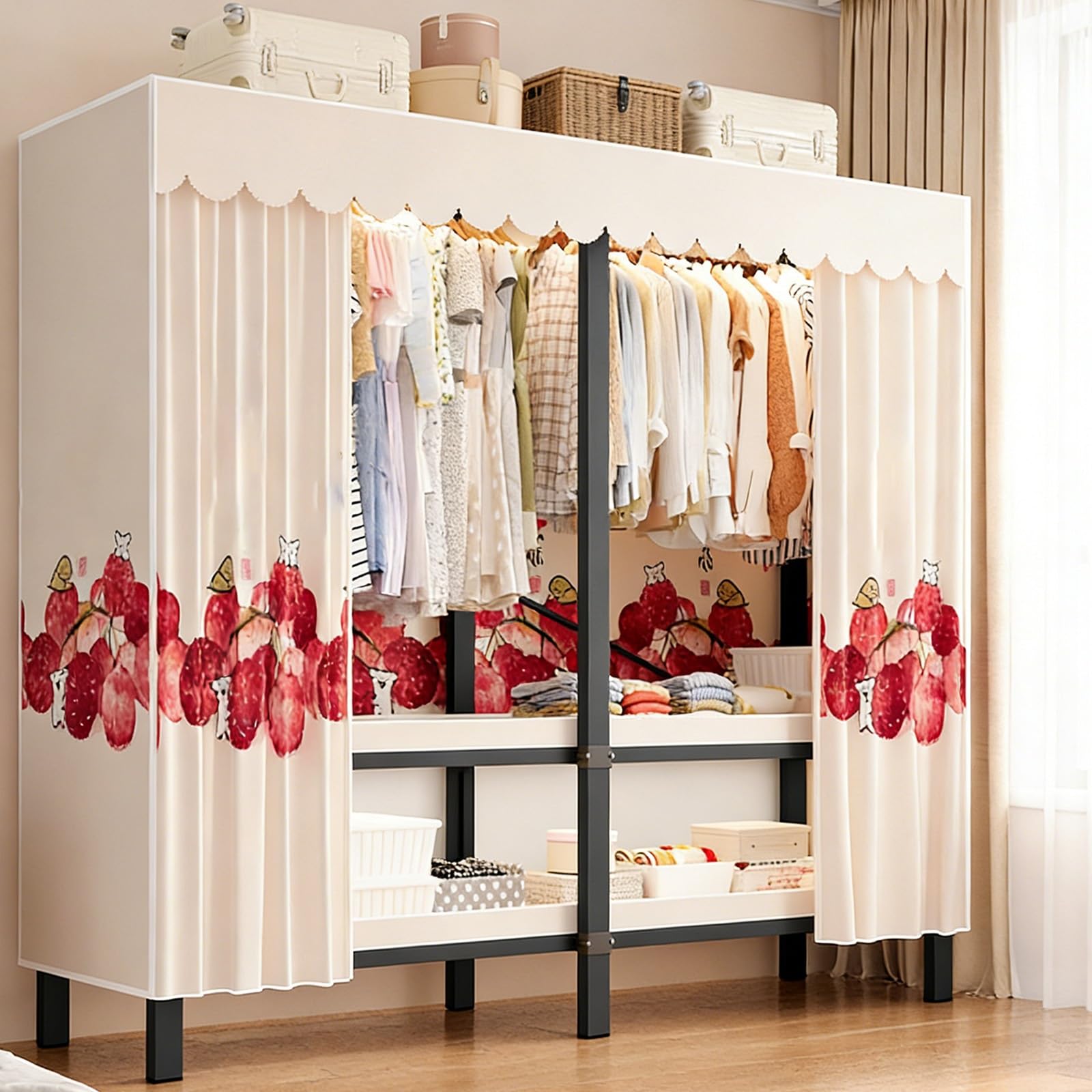 Einfach Stoffschrank Klappbarer,Große Kleiderschrank Faltbarer,Metall Kleiderschrank Mit Kleiderstange Stoff Offener Für Schlafzimmer,Geschlossener Faltschrank Für Zuhause(215cm/84.6in)