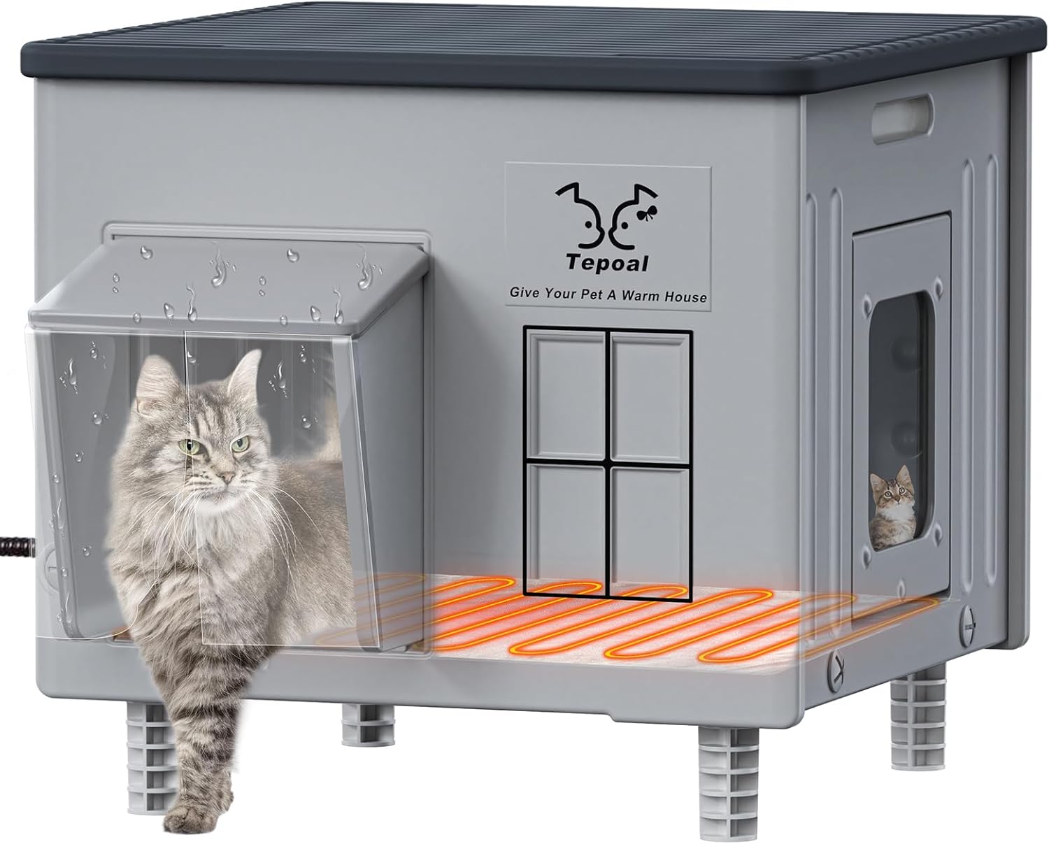 Indestructible Heated Cat House for Outside - Extremely Waterproof & Weatherproof Heated Outdoor Cat House with Escape Door for Winter, Insulated Feral Cat Shelter for Barns Strays, 17.7x15x17.5 in