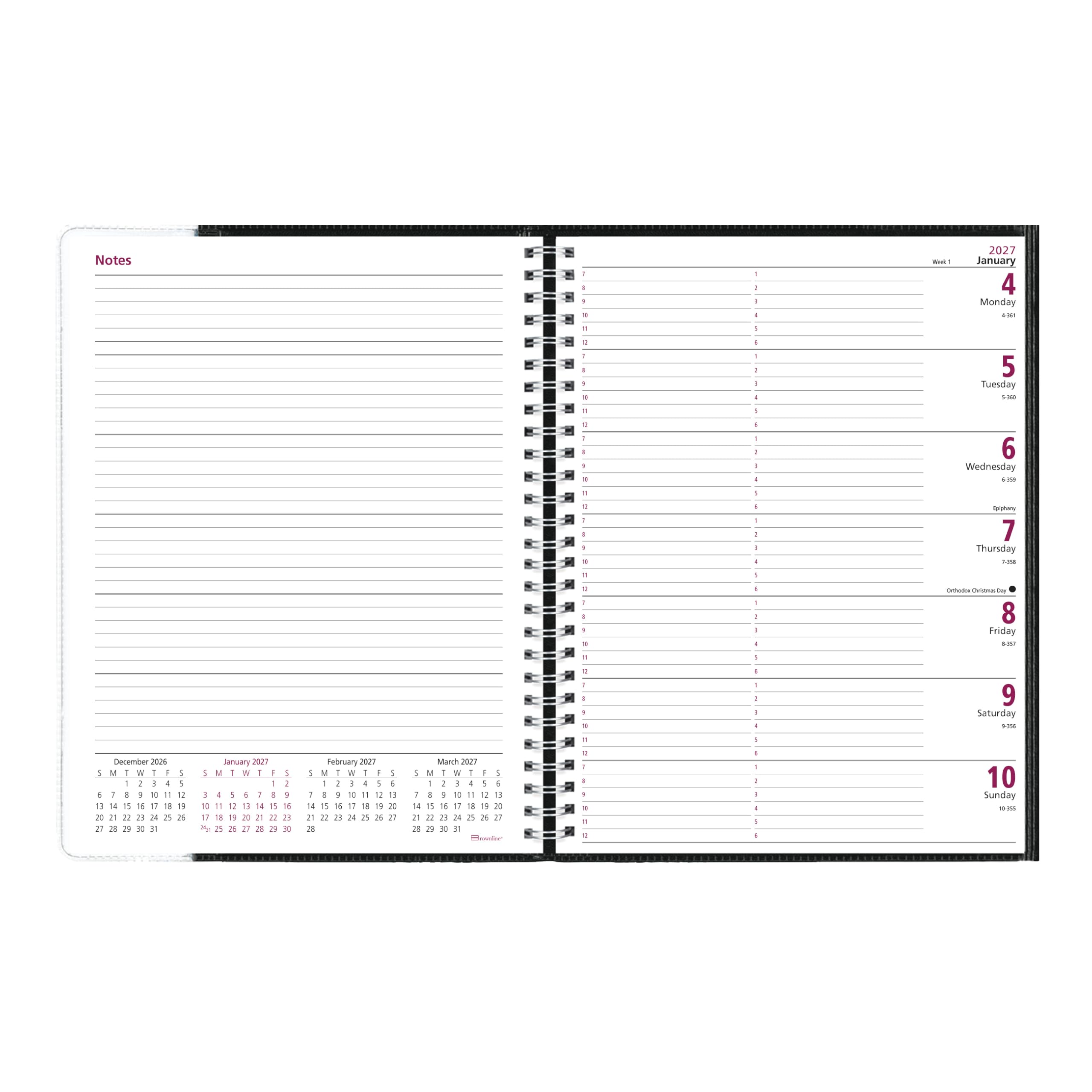Brownline® 2027 Pre-Vu™ Agenda Settimanale, Copertina Flessibile a Tre Pieghe, Rilegatura a Doppio Filo, Nero (CB925.BLK)