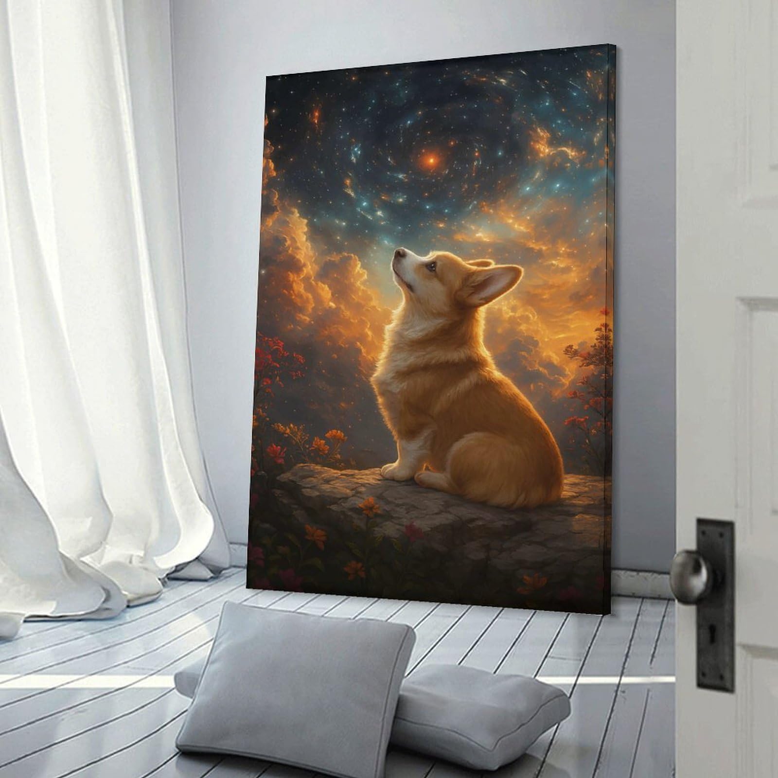 Junmoney Corgi Gazing at The Cosmos Decorative Wall Artwork 24x36inch(60x90cm), for Living Room, Lounge Or Sitting Room, A Home Accent with Warm Character