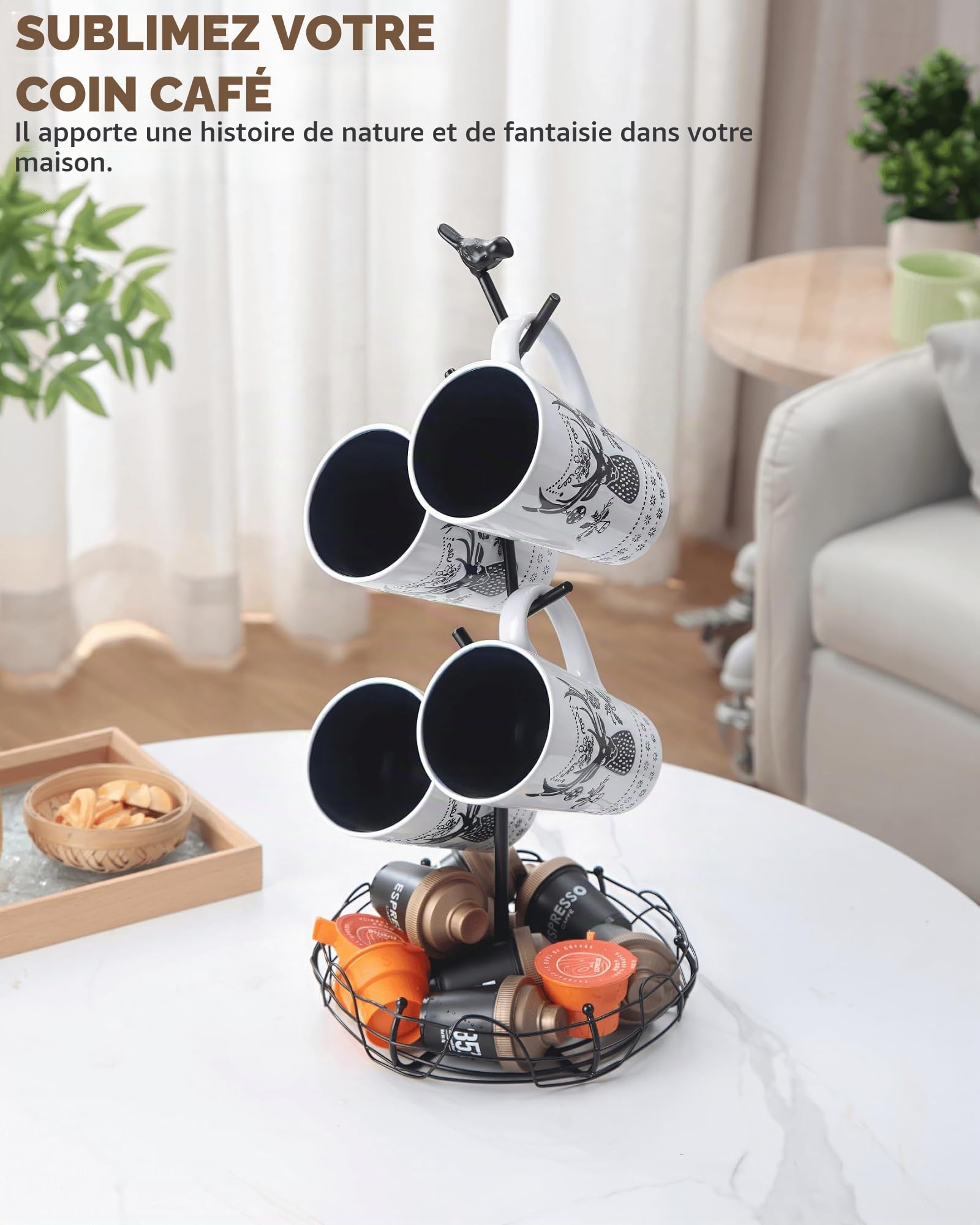 Porte-tasses décoratif pour comptoir | Arbre à tasses à café avec panier de rangement nid d'oiseau | Peut contenir 4 grandes tasses | Décoration de cuisine fantaisiste, accessoires de bar à café et