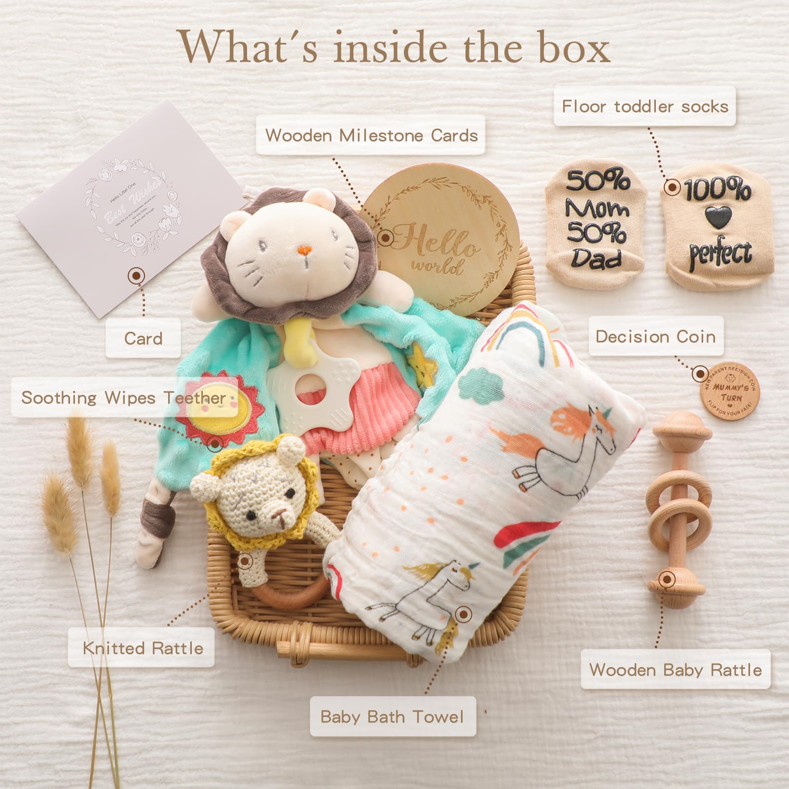 Youuys 8 in 1 Regalo per Neonati, Regalo per Bambini e Bambino, Regalo di Compleanno per Bambino, Regalo di Natale, con Musellina di Stoffa+Panno Cotone+ Sonaglio+Cartolina Regalo (Leone)