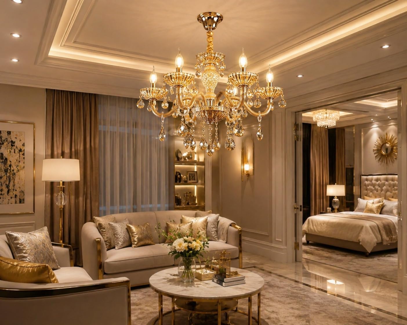 6-Light Full Glass Crystal Chandelier, Amber Gold, Candle Style, Living Room Ceiling Pendant Light, Model 818/6-image-35