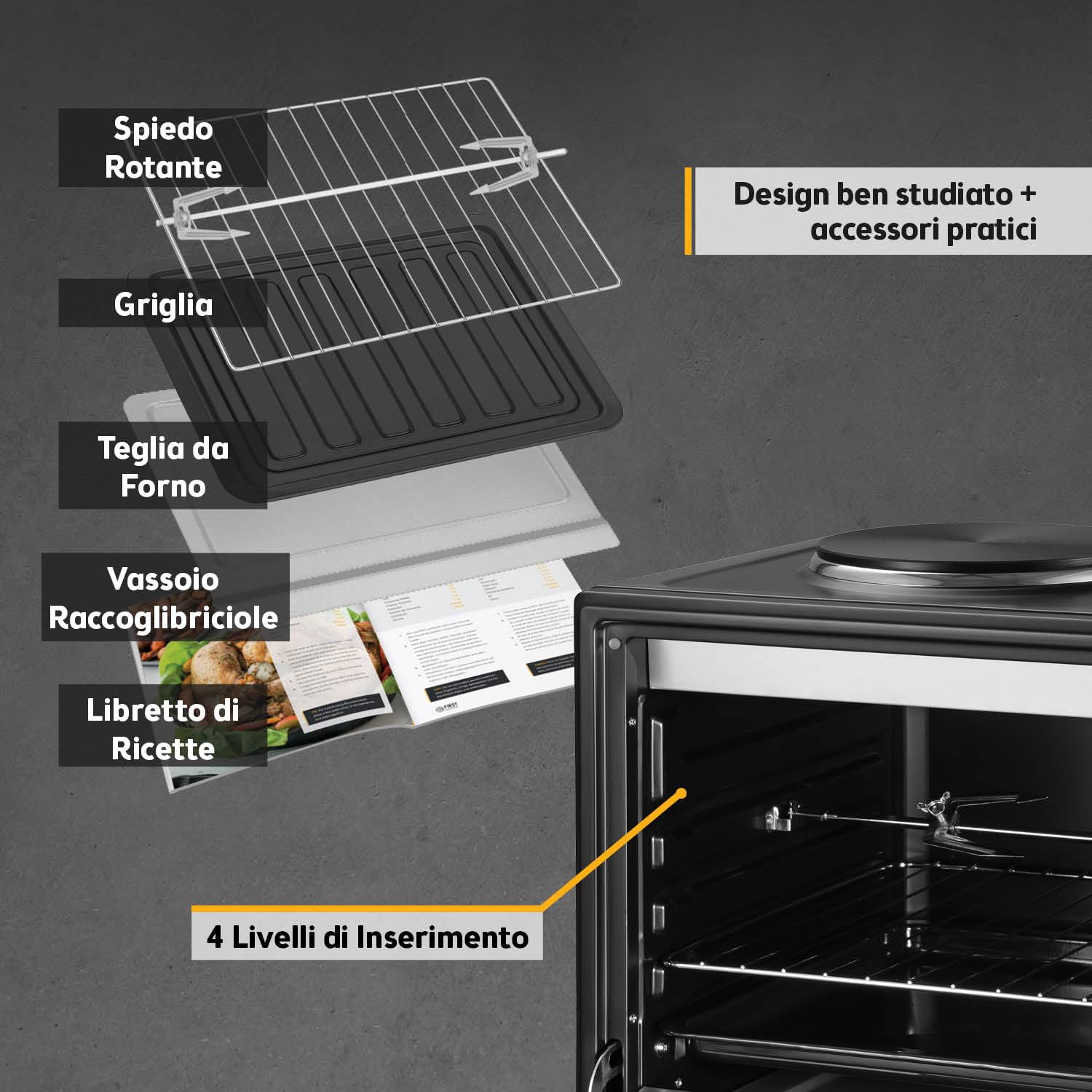 TZS First Austria - Mini Forno con fornelli 45L 3200 W - Fornetto per pizza con piastre fino a 230°C e rivestimento antiaderente - Multiforno con 4 altezze di inserimento e accessori di alta qualità