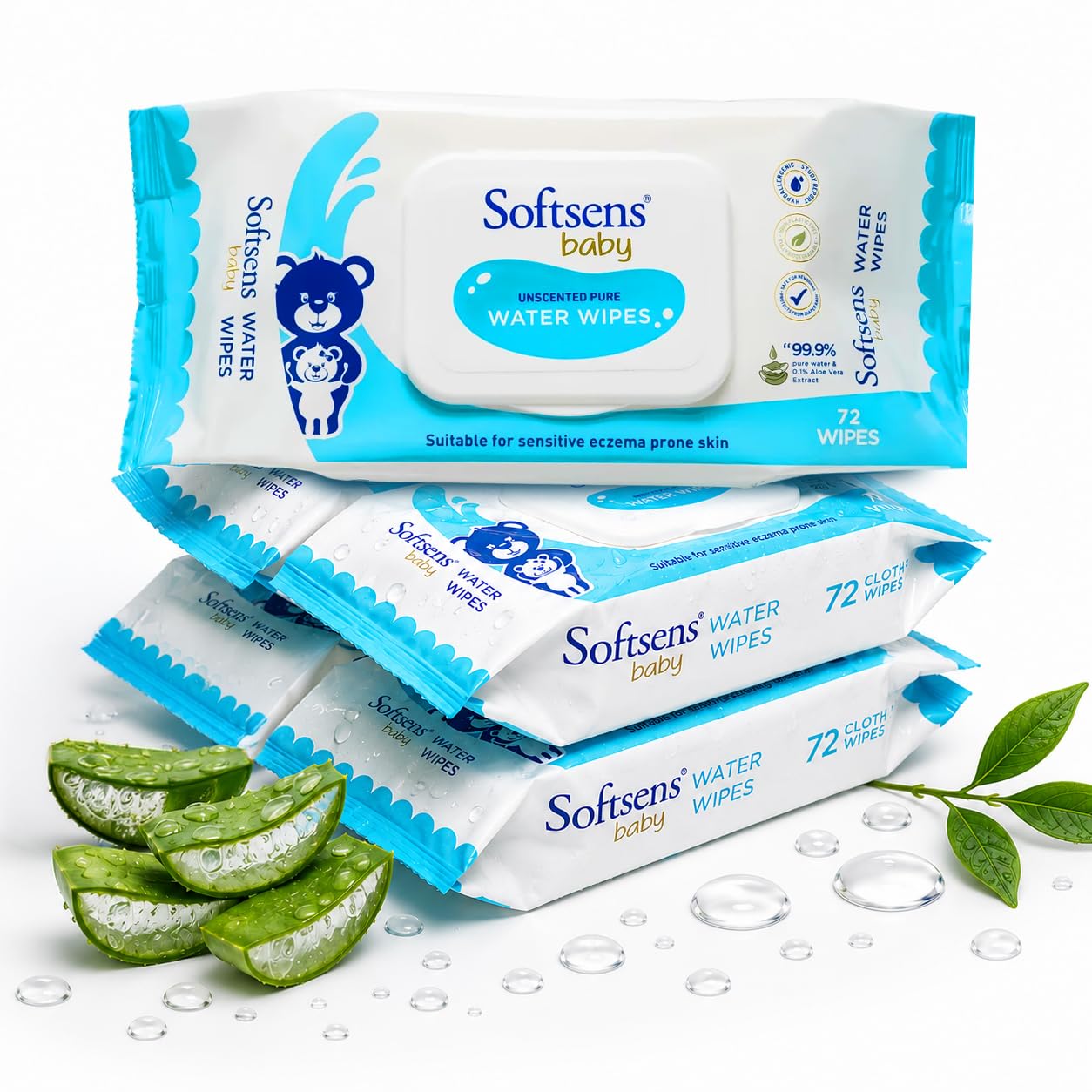 Softsens Baby 99.9% Pure Water Wipes | Pure Aloe Vera Extract with Lid Wipes For Babies (Pack of 5)