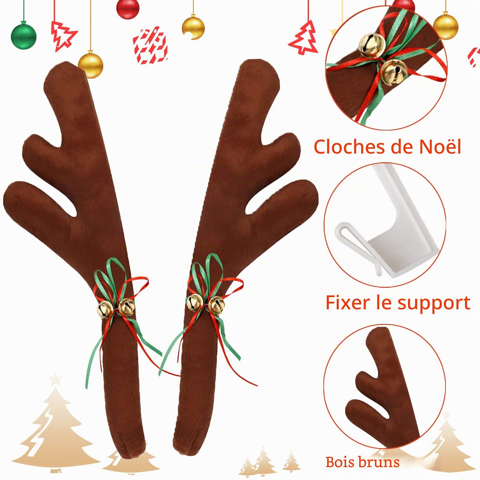 Amzeeniu Voitures Rennes de Noël,Decoration Noel Voiture,Bois de Voiture,Voiture Renne Rudolf Décoration de Noël pour Voiture Costume de Renne pour Camion Van SUV avec Queue 45cm Bois de Renne Brun