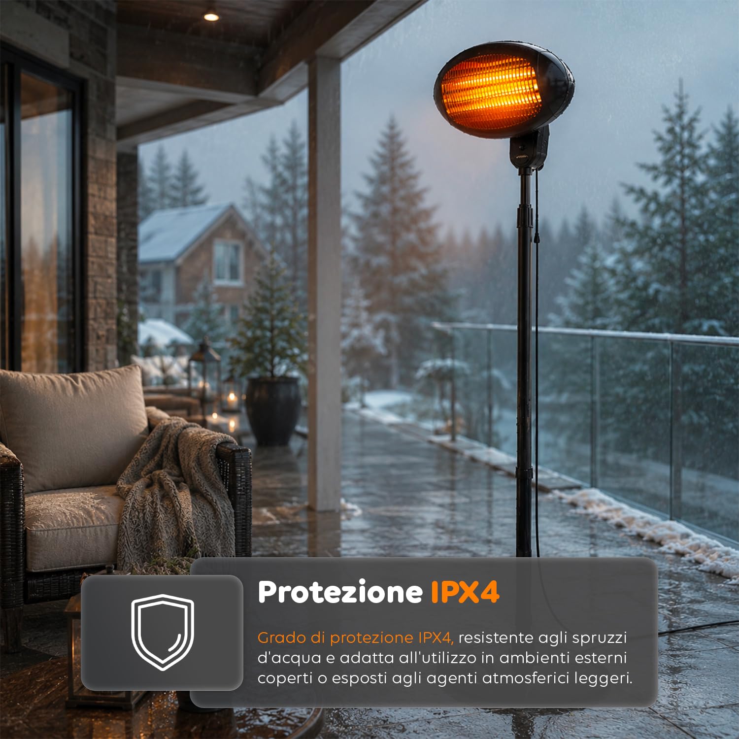 Avilia – Riscaldatore da Patio Verticale con 3 Livelli di Riscaldamento, Altezza Regolabile 130–200 cm, Testa Inclinabile a 45°, Riscaldamento Elettrico a Basso Consumo per Esterni