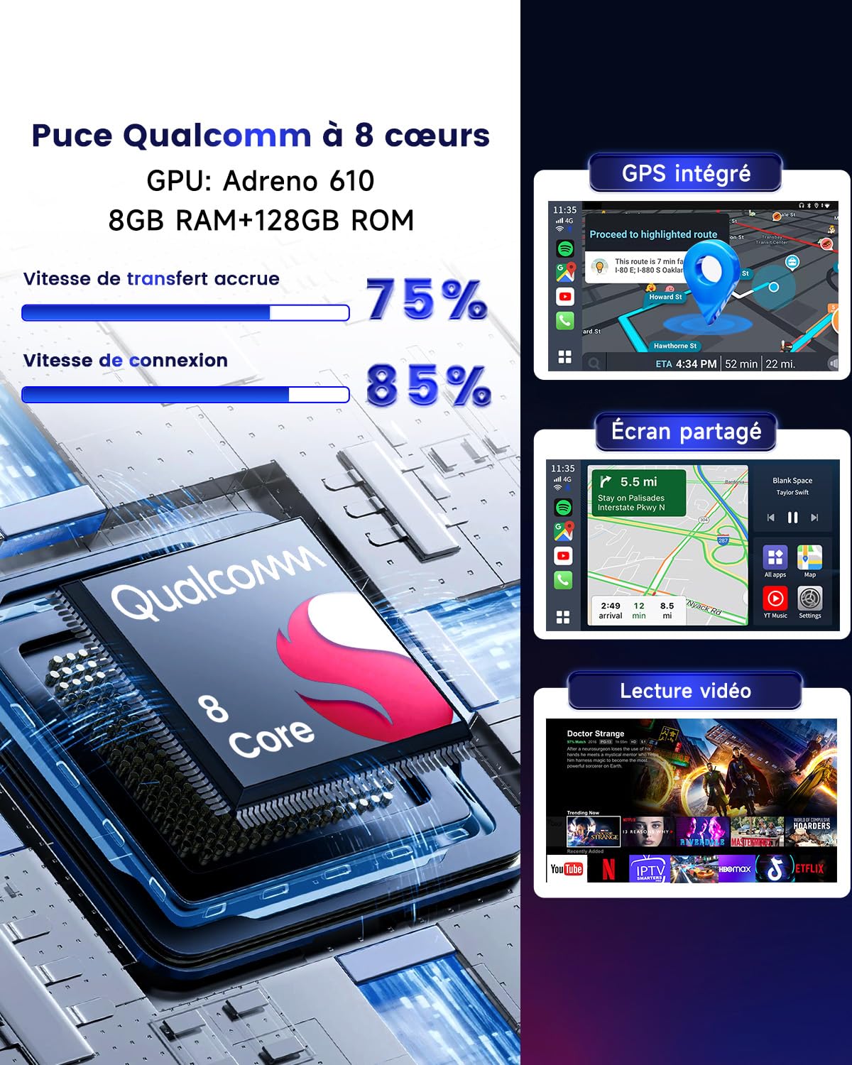 CarlinKit Aibox-Plus Android 13.0 Adaptateur 8 + 128 Go autonome sans fil CarPlay et Android Auto Boîte multimédia 3 en 1 pour voiture avec câble CarPlay