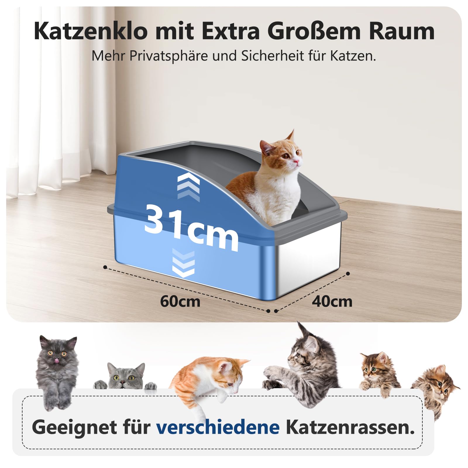 FURTIME Lettiera Gatto, 20 L Lettiera Acciaio Inox, Lettiera Gatto Grande, Lettiera Anti-perdite, XXL Litter Box