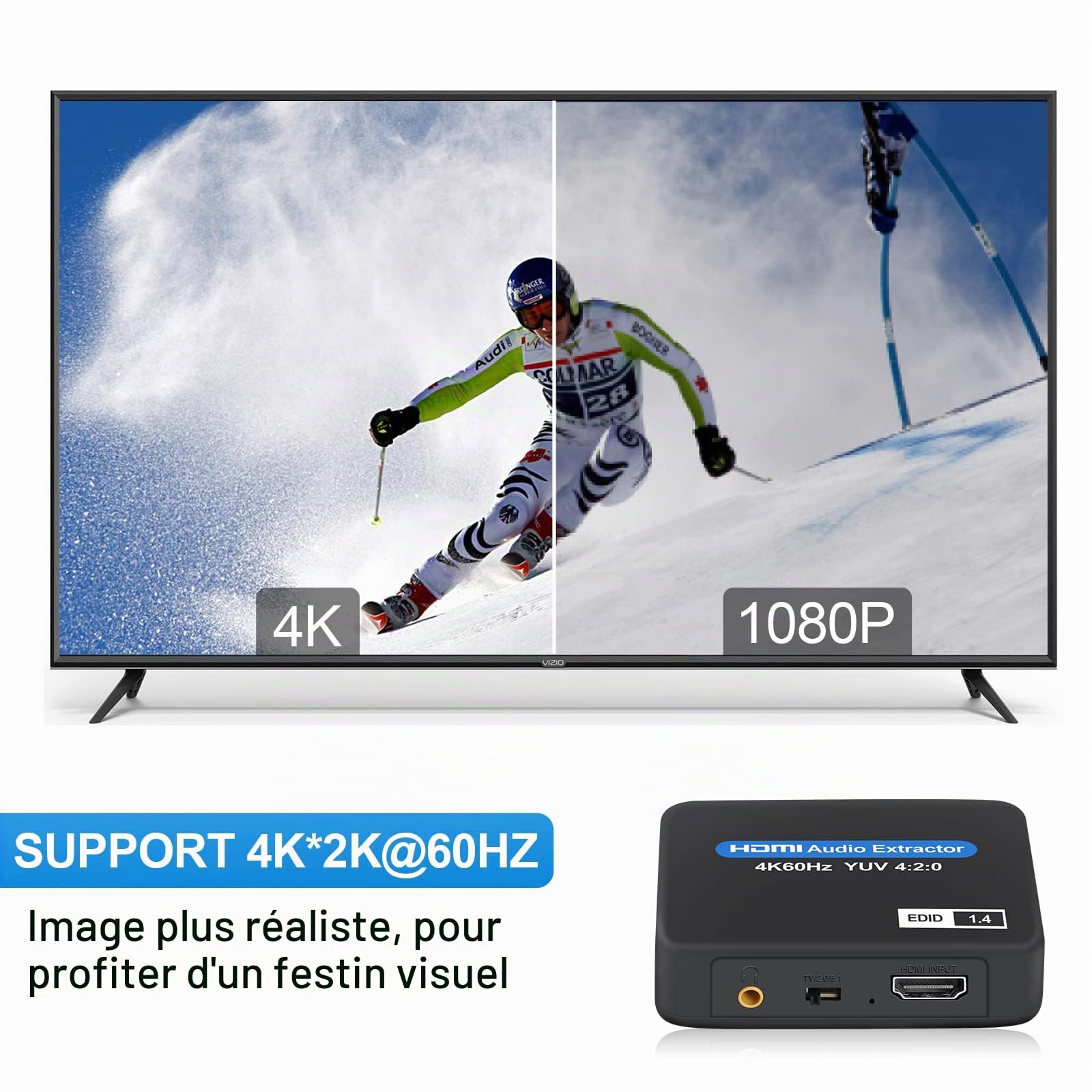 Extracteur audio HDMI, 4 K @ 60 Hz HDMI vers HDMI + optique Toslink SPDIF + sortie audio 3,5 mm, adaptateur convertisseur audio HDMI, prise en charge 1080P 3D pour Fire Stick, Xbox Laptop