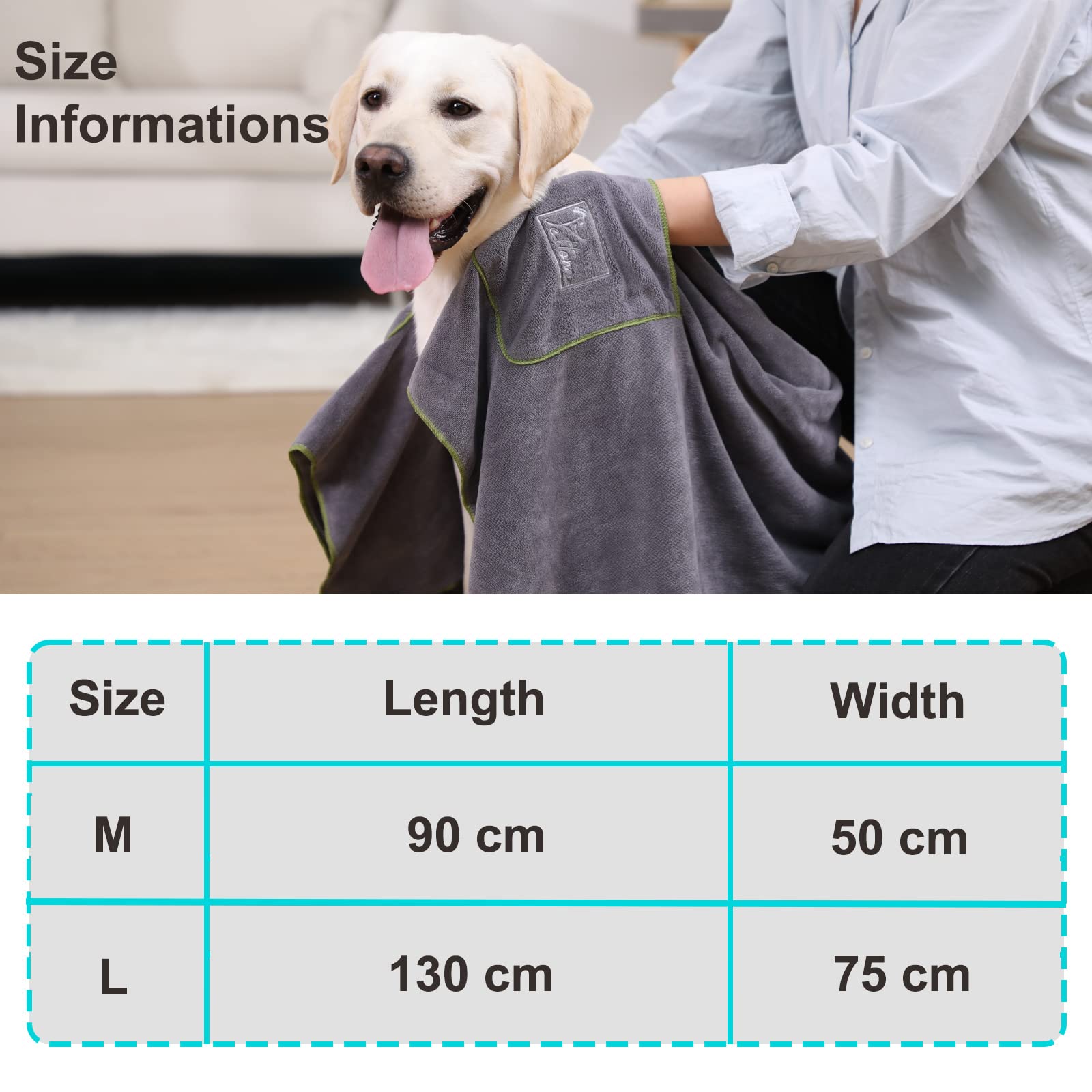 PETTOM 2er Set Hundehandtuch, Hundehandtuch Extra Saugfähig, Handtuch Hund Mikrofaser Schnell Trocknend und Weich, Badehandtuch für mittelgroße & große Hunde (Grau & Grün, 130x75 cm)