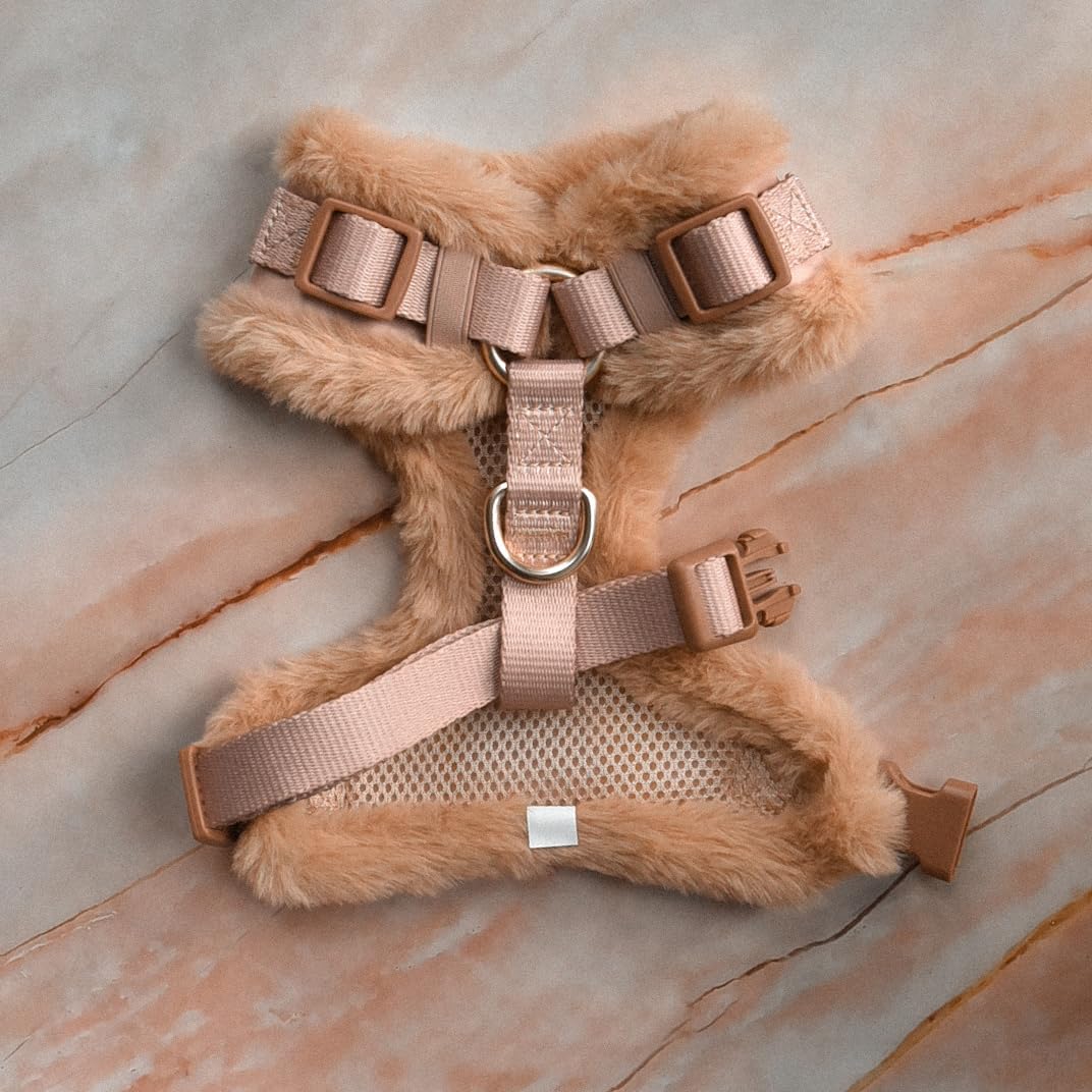 Harnais anti-traction pour chien en néoprène marron ivoire taupe design en cuir serpent réglable sport petit, moyen et grand animaux de compagnie respirant léger (bordure en fourrure beige, L : cou =