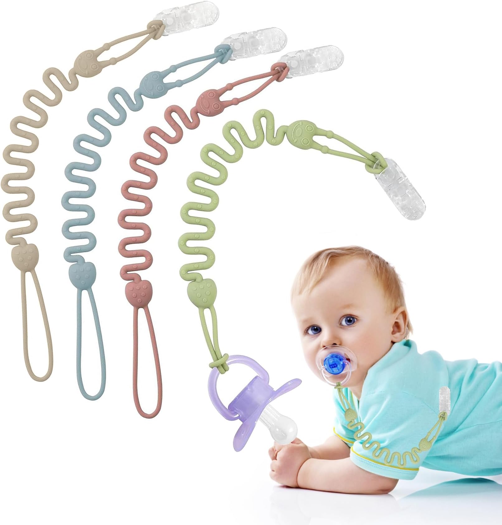 CyanCloud Pacifier Clips 4 Pack Silicone Baby Pacifier Clips Toy Safety Straps for Baby Boys Girls, Stretchable Baby Toddler Teether Toy Binky Clips for Teething Relief and Baby Essentials