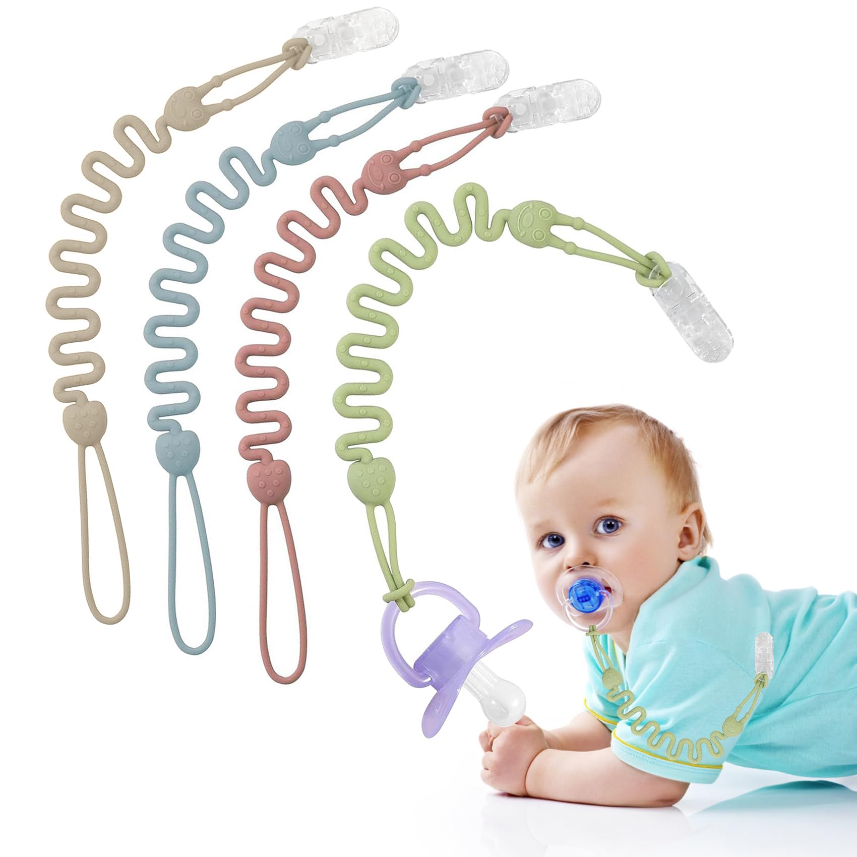 CyanCloud Pacifier Clips 4 Pack Silicone Baby Pacifier Clips Toy Safety Straps for Baby Boys Girls, Stretchable Baby Toddler Teether Toy Binky Clips for Teething Relief and Baby Essentials