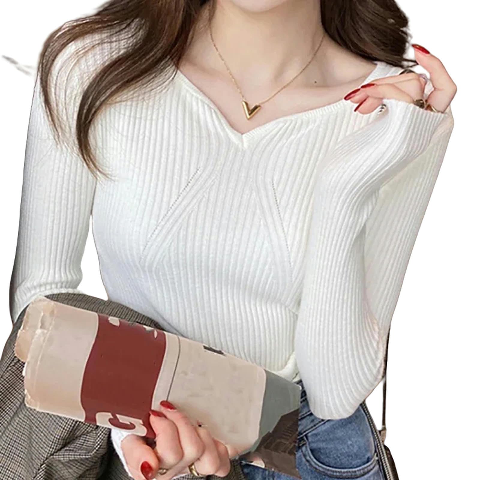Maglione Donna Donne Maglioni con Fondo A V-Collo Sottile Inverno Autunno per Donne Pullover Casual Maniche Lunghe Maglietta Calda da Ufficio Caldo-Grigio-Una Taglia