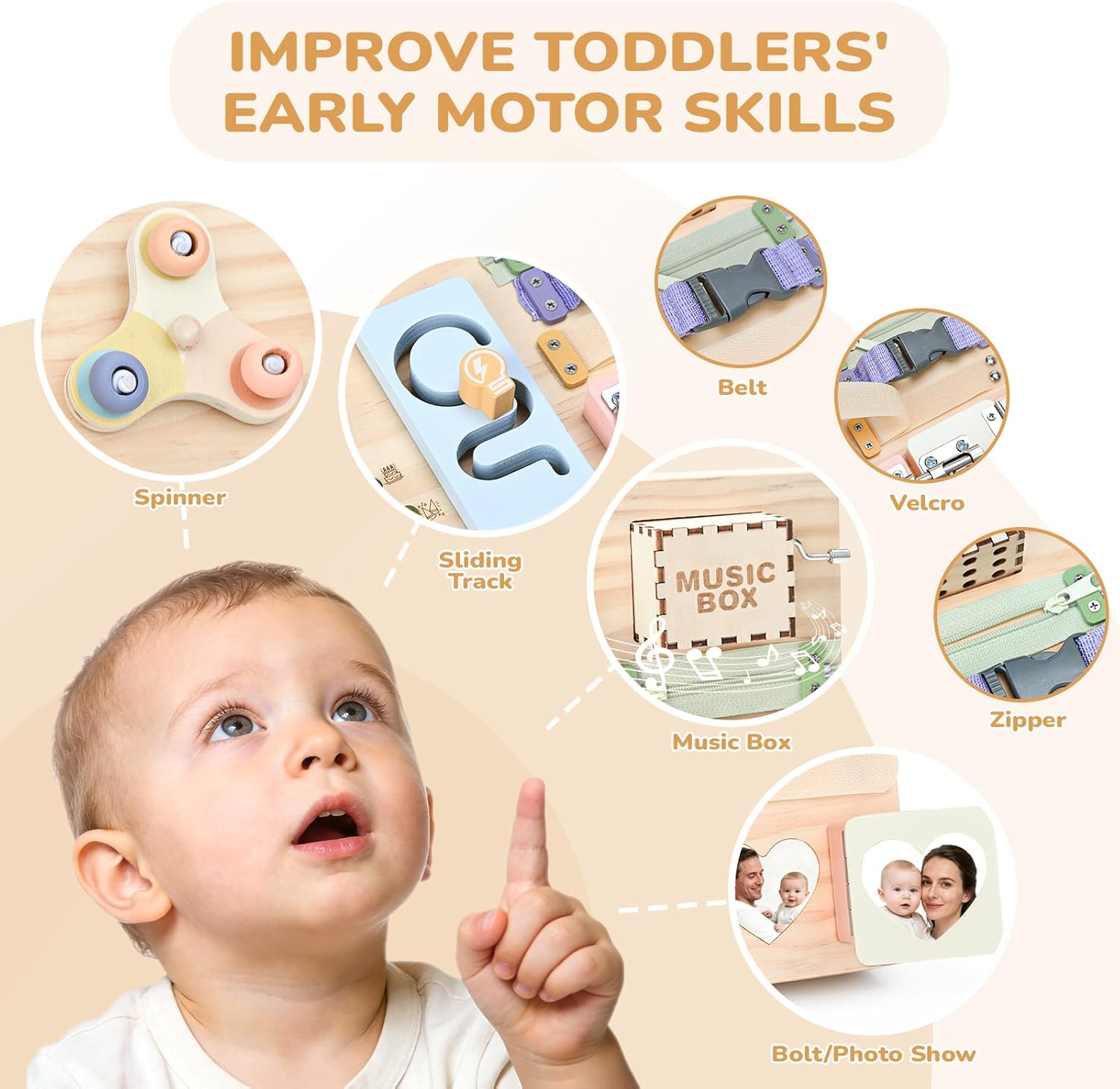 Sanlebi Wooden Busy Board Montessori Toys for Toddlers with Buttom Switch, Music Box & Locks, Sensory Activity Board Learning Toy Gifts